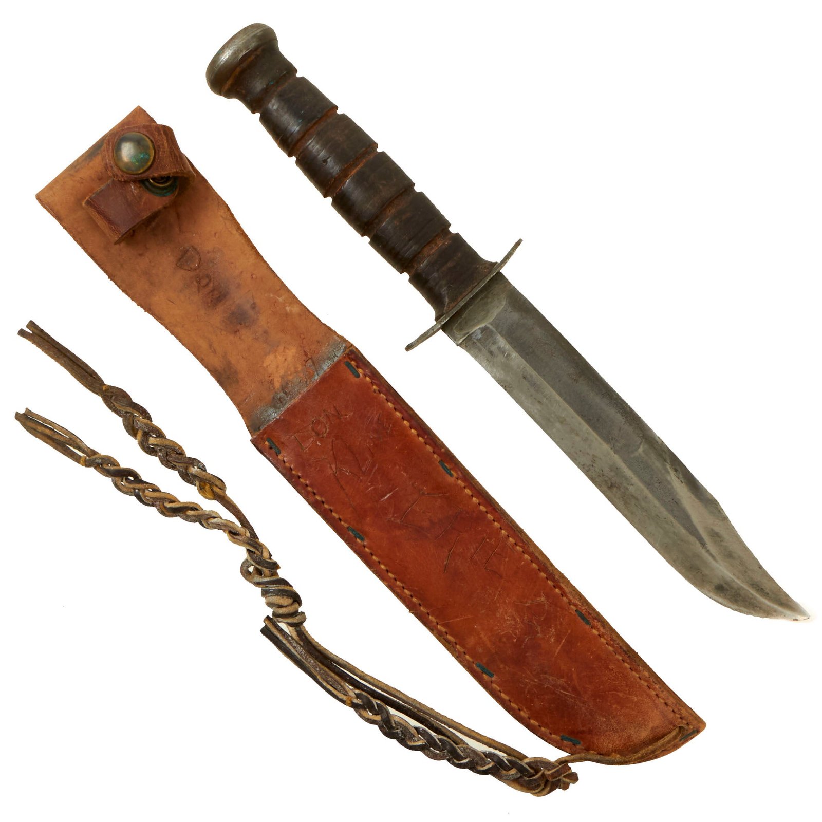 Buy Original U.S. WWII USMC Mark 2 KA-BAR Fighting Knife with Leather Sheath Gifted on Christmas 1944 - Markings Scrubbed | Original Firearms Antique For Sale