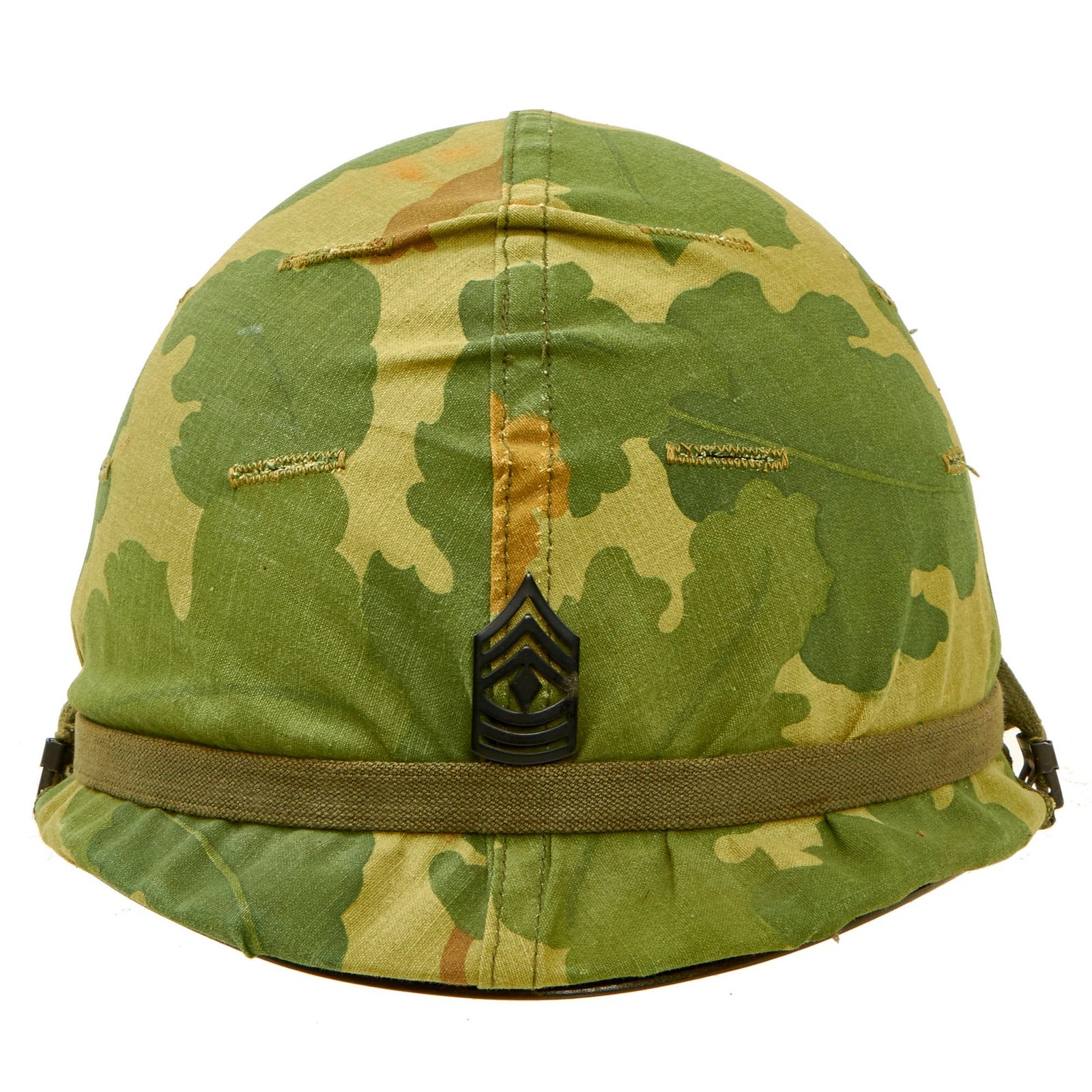 Buy Original U.S. Vietnam War Very Clean M1 Helmet with 1974 Dated Reversible Camouflage Cover With Original Period Applied 1st Sergeant Rank and Liner - Complete | Original Firearms Antique For Sale