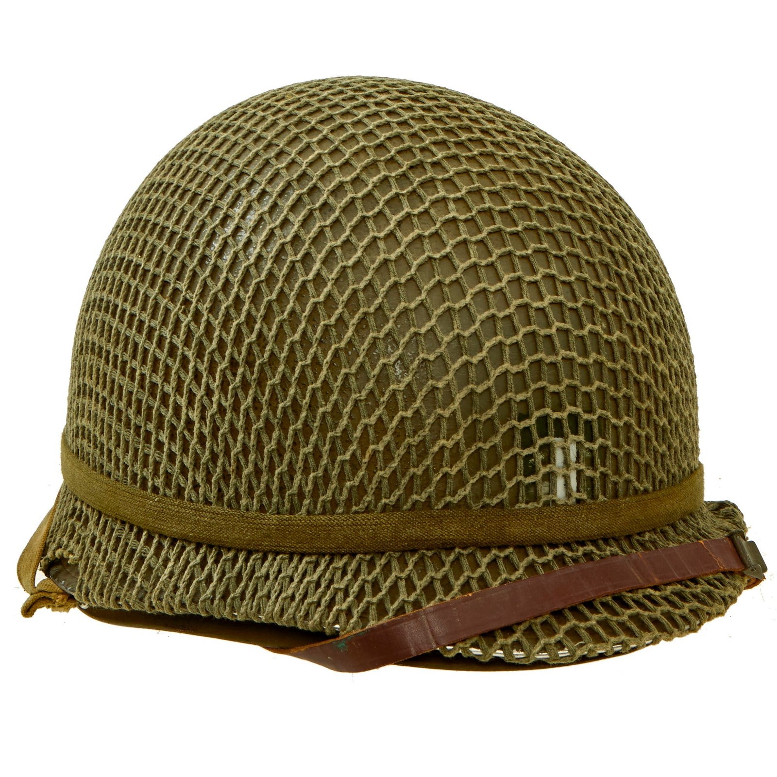 Buy Original U.S. WWII Named Early 1943 M1 McCord Front Seam Fixed Bale Helmet with Period Applied Officers’ “Follow Me” Stripe, 1st Lieutenant Bar, M-1944 Net and Westinghouse Liner - Complete | Original Firearms Antique For Sale