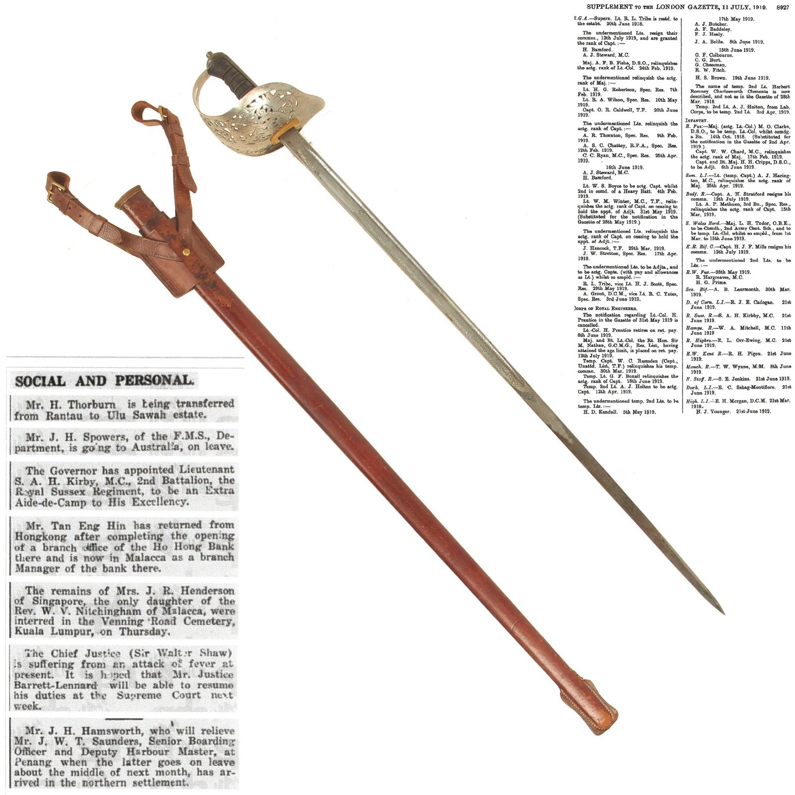 Buy Original British WWI Military Cross Recipient Colonel Samuel Alexander Holwell Kirkby of 2nd Battalion Royal Sussex Regiment Pattern 1897 Light Officer’s Sword and Scabbard by Wilkinson | Original Firearms Antique For Sale