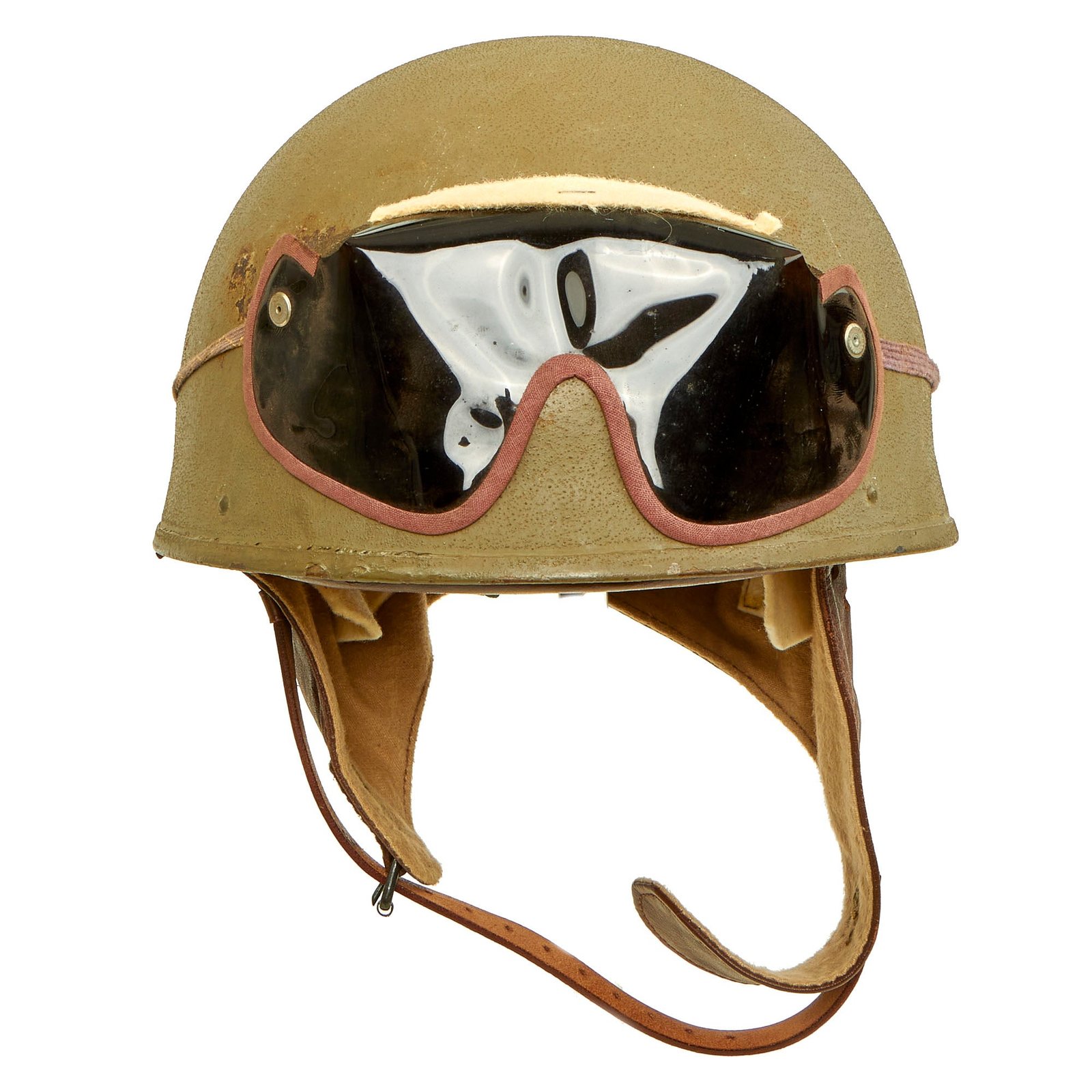 Buy Original Excellent WWII British 1942 Dated MkI Dispatch Rider Helmet by Briggs Motor Bodies Ltd. with Eye Shields - size 6 3/4 | Original Firearms Antique For Sale