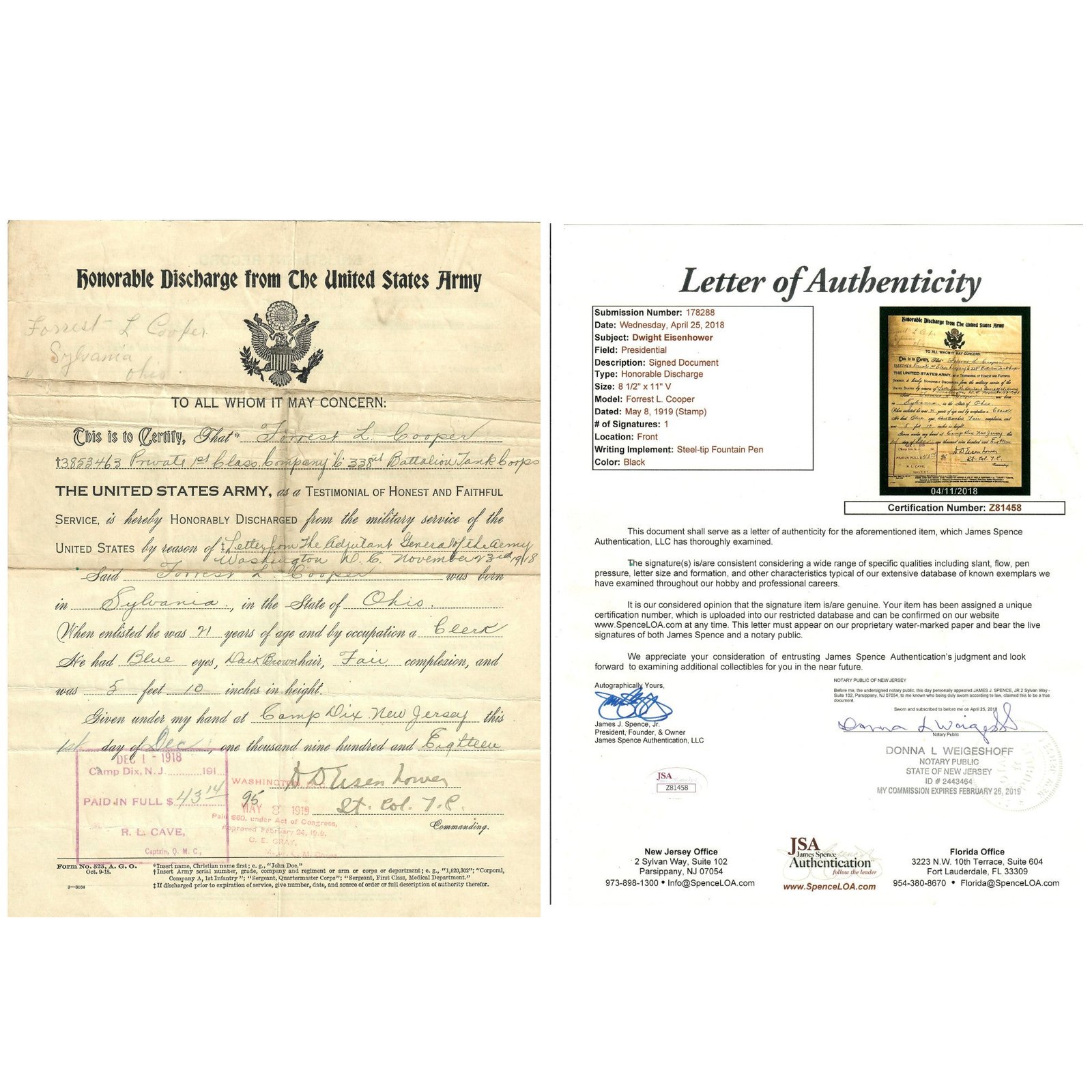 Buy Original U.S. WWI Dwight D. Eisenhower Signed Honorable Discharge - PFC Forrest Cooper - 338th Battalion Tank Corps - Notarized Letter of Authenticity | Original Firearms Antique For Sale