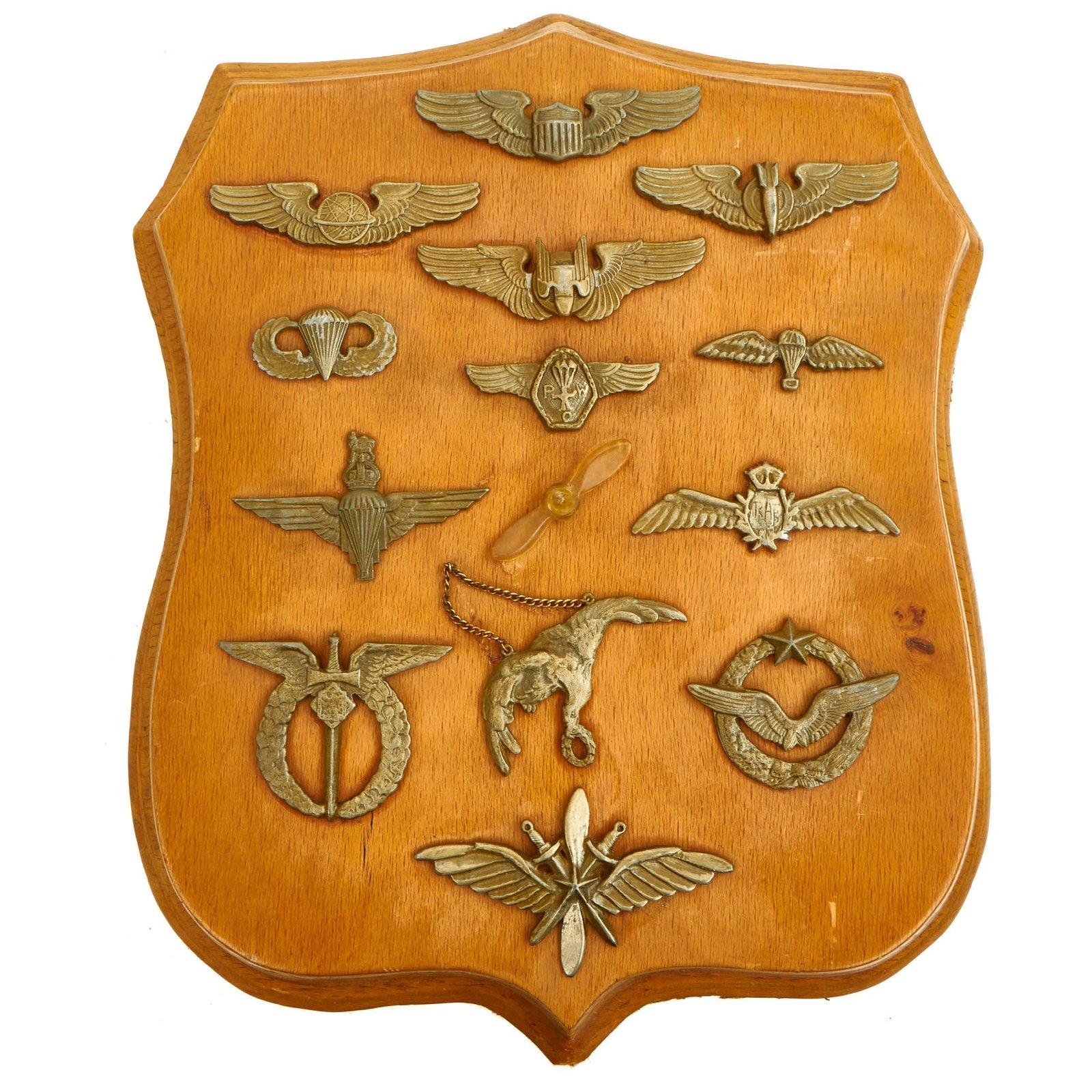 Buy Original U.S. WWII Rare Prisoner of War Camp Made Cast Solder Allied Forces “Wings” On Display Board - 13 Wings Mounted | Original Firearms Antique For Sale