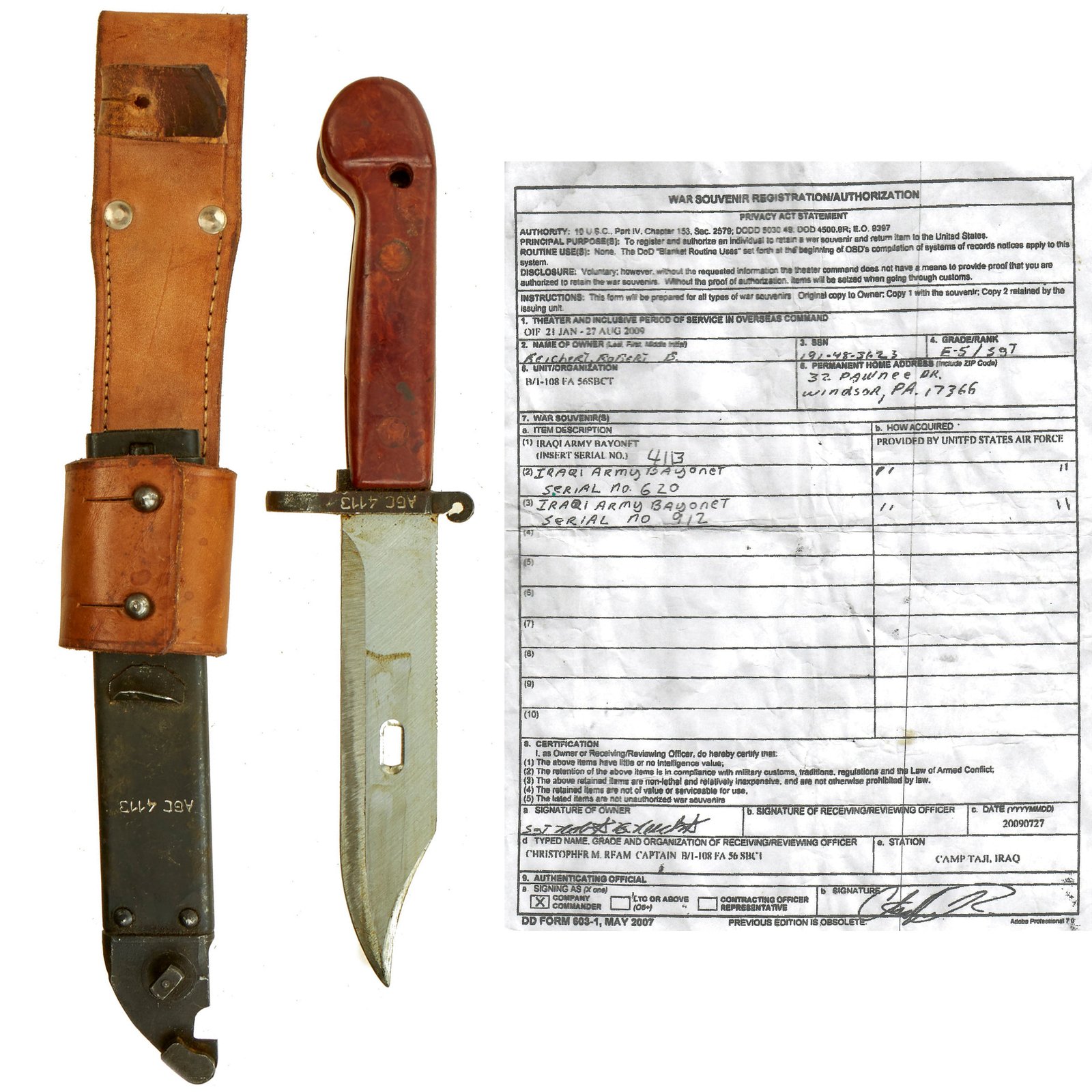 Buy Original U.S. Operation Iraqi Freedom Iraqi Used Romanian AK-47 AKM Type I Bayonet With Copy of “War Souvenir Registration/Authorization” Document | Original Firearms Antique For Sale