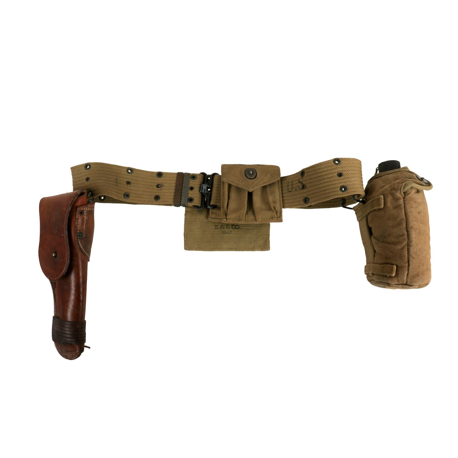 Buy Original U.S. WWII Officer M1936 Pistol Belt, M1911 Holster by Rare Maker Fink, Magazine Pouch, First Aid Pouch and Named M1941 Mounted “Airborne” Canteen Pouch Set | Original Firearms Antique For Sale