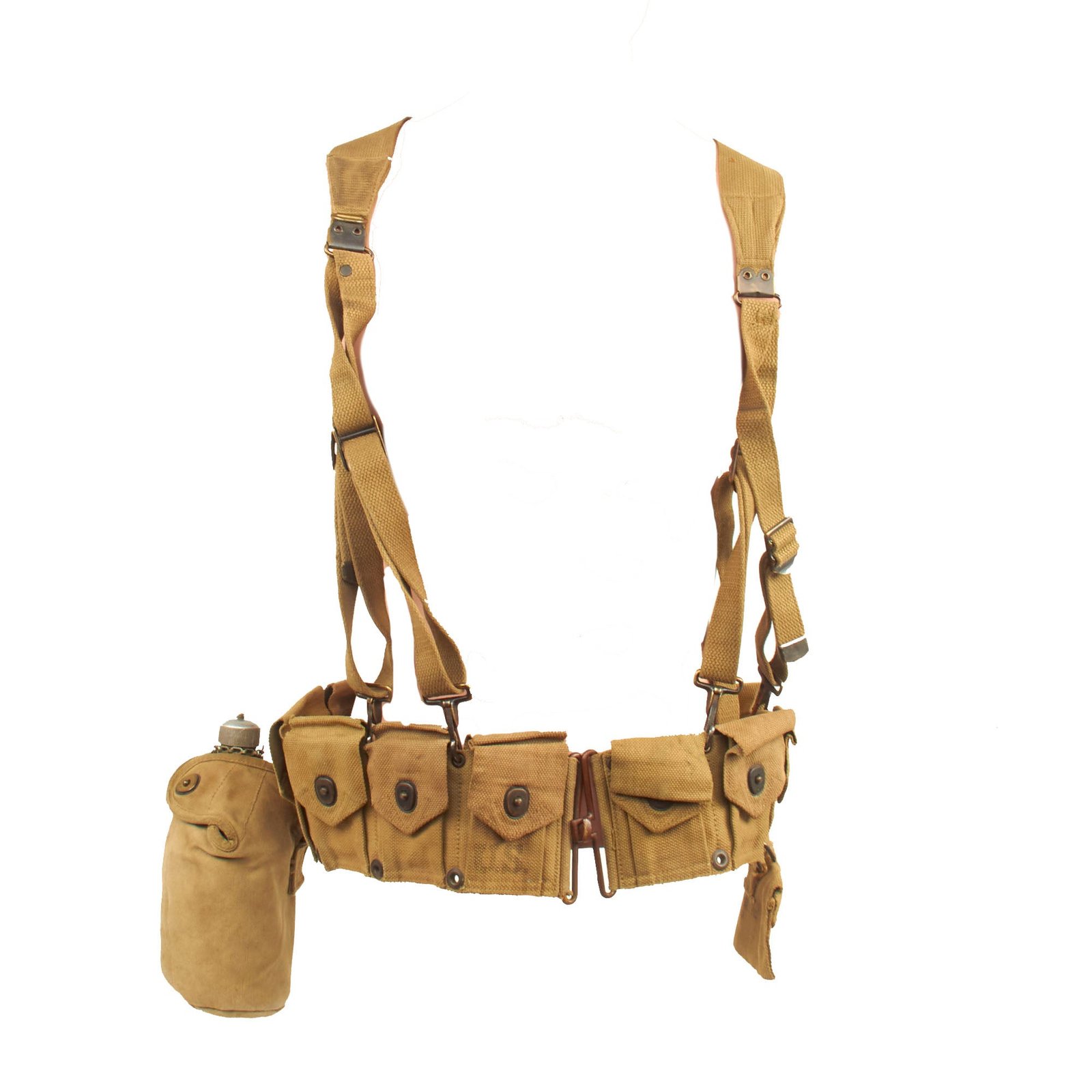 Buy Original U.S. WWII M-1923 Cartridge Belt Rig with M-1936 Suspenders, M-1910 Canteen in WWII Carrier & First Aid Kit Pouch | Original Firearms Antique For Sale