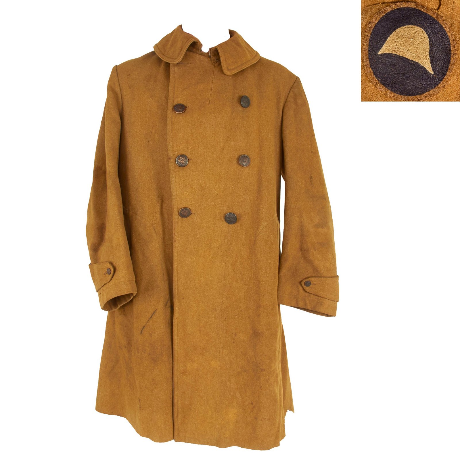 Buy Original U.S. WWI Segregated 93rd Infantry Division Wool Greatcoat With Rare French Chain Stitched Shoulder Sleeve Insignia | Original Firearms Antique For Sale