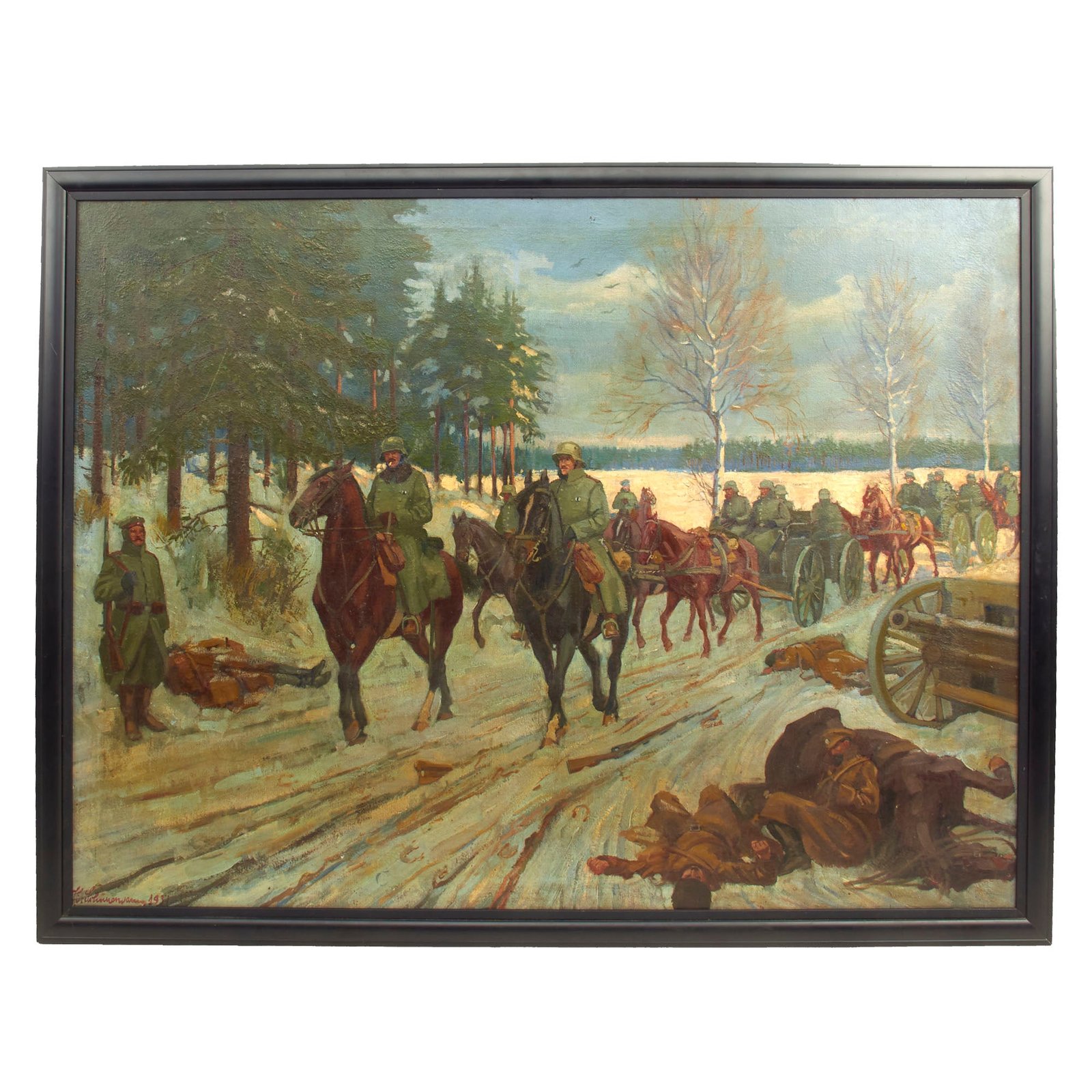 Buy Original German WWI Era Oil Painting of an Artillery Column on the Eastern Front - Signed and Dated 1931 - 28 1/2" x 38 1/2" | Original Firearms Antique For Sale