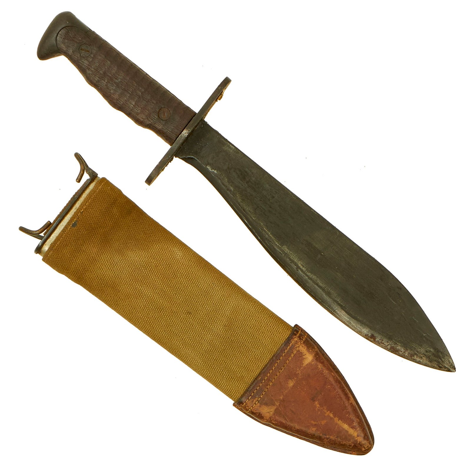 Buy Original U.S. WWI Model 1917 Bolo Knife by Plumb Philadelphia with Canvas Scabbard With Unit Markings - dated 1918 | Original Firearms Antique For Sale