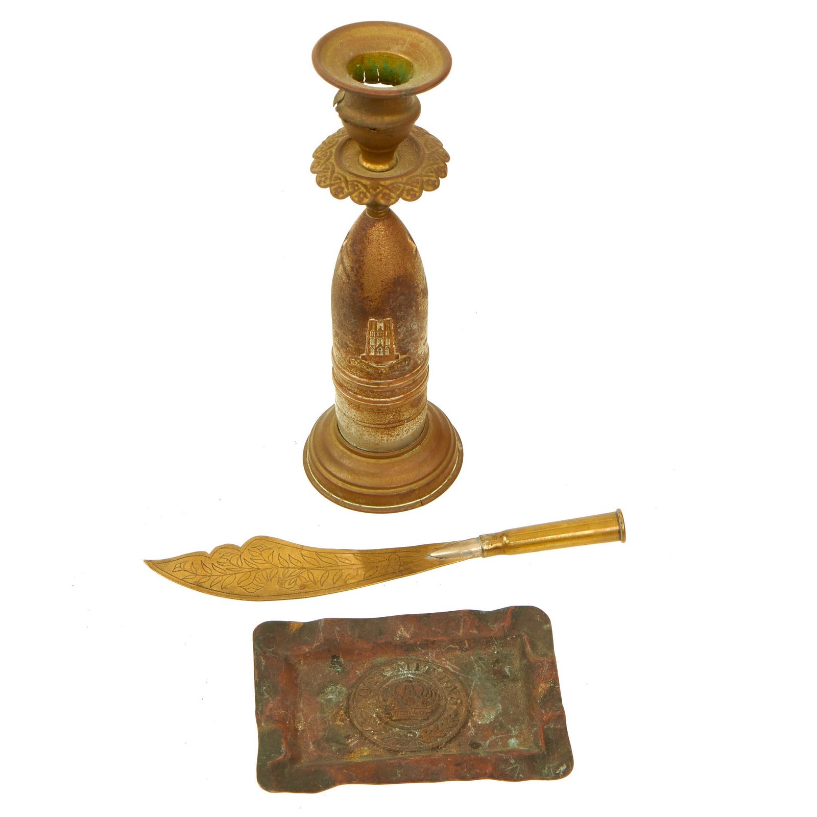 Buy Original U.S. WWI Inert 37mm Trench Art Projectile Candle Holder Lot With Prussian Belt Buckle Ashtray and Letter Opener - 3 Items | Original Firearms Antique For Sale
