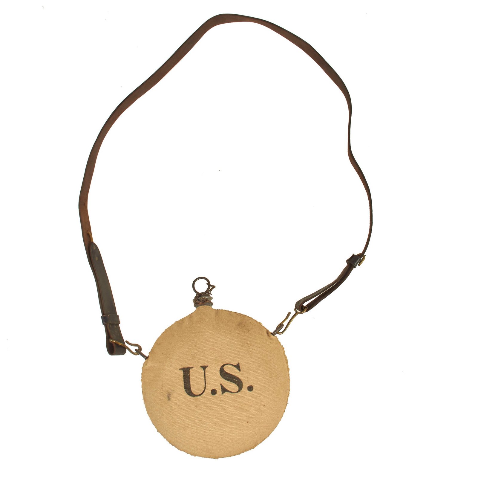 Buy Original U.S. Indian Wars / Spanish-American War- M1878 Canteen with Leather Shoulder Strap - Stamped “U.S.” | Original Firearms Antique For Sale