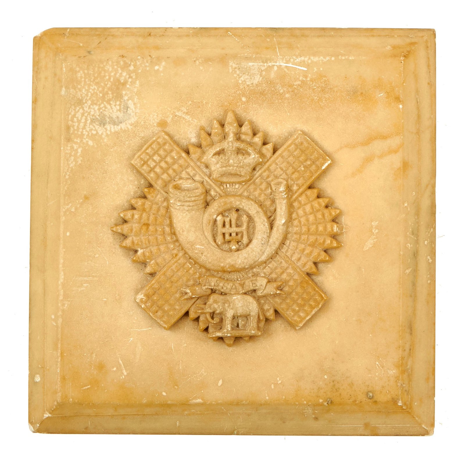 Buy Original British WWI Highland Light Infantry Hand Carved Sandstone Insignia Plaque Dated 1917 With Artist Signature In Arabic - Carved In Mesopotamia | Original Firearms Antique For Sale