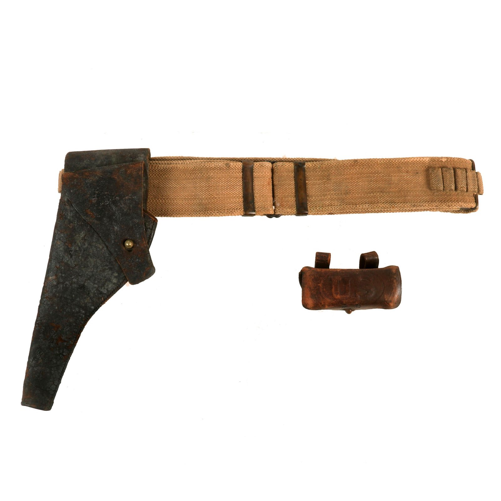 Buy Original U.S. Spanish-American War Era .38 Cal “Single Loop” Mills Belt With M1892 Holster and M1902 Ammunition Belt Pouch With Original Wood Block - Marked “First Signal Corps N.G.N.Y.” | Original Firearms Antique For Sale