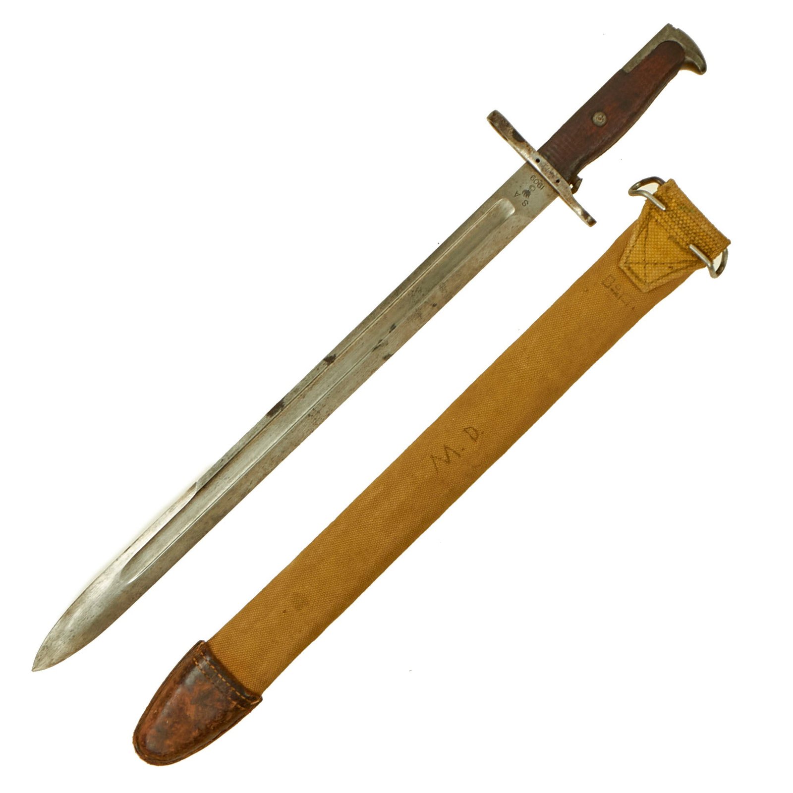 Buy Original U.S. WWI M1905 Springfield 16 inch Rifle Bayonet marked S.A. with M1910 Scabbard - dated 1909 | Original Firearms Antique For Sale