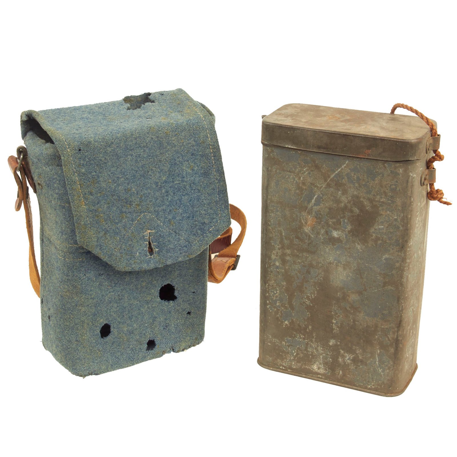 Buy Original French WWI M2 Gas Mask Storage Tin with Officers’ Horizon Blue Wool Carry Case & Leather Strap | Original Firearms Antique For Sale