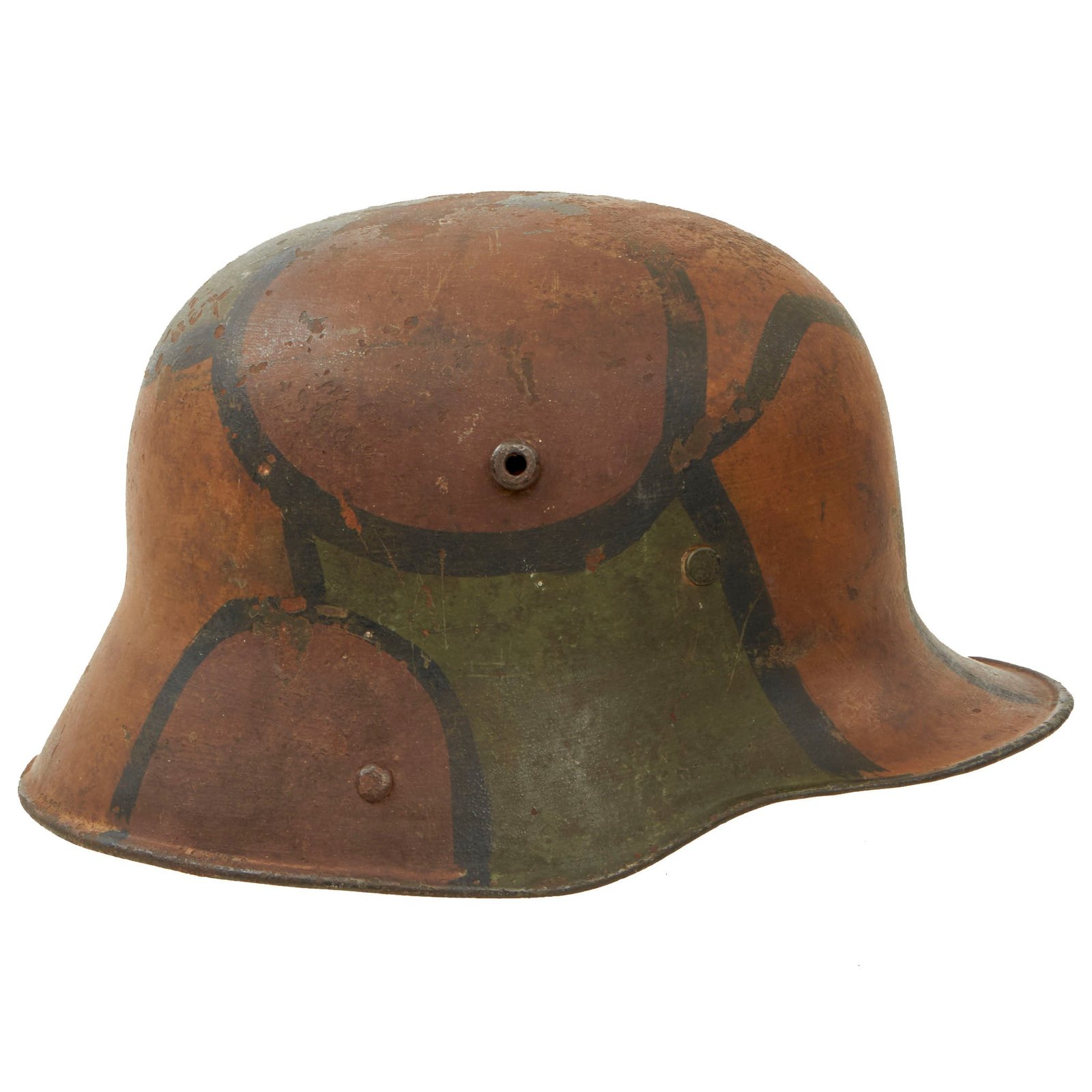 Buy Original Imperial German WWI M16 Stahlhelm Helmet with Panel Camouflage Paint and Leather Liner Band - marked W66 | Original Firearms Antique For Sale