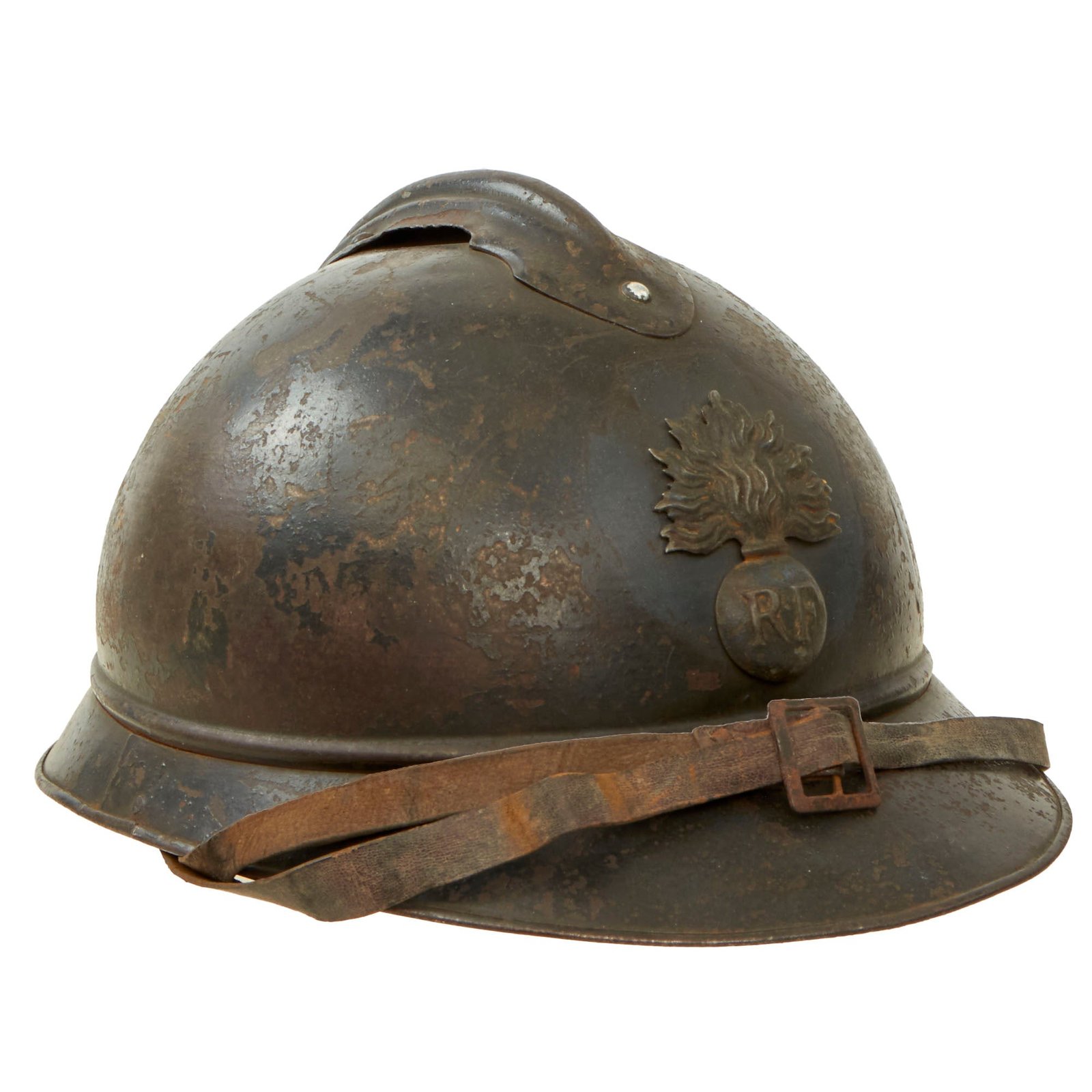 Buy Original French WWI Issue Model 1915 Adrian Helmet in Horizon Blue with RF Badge and First Pattern Liner - Complete | Original Firearms Antique For Sale