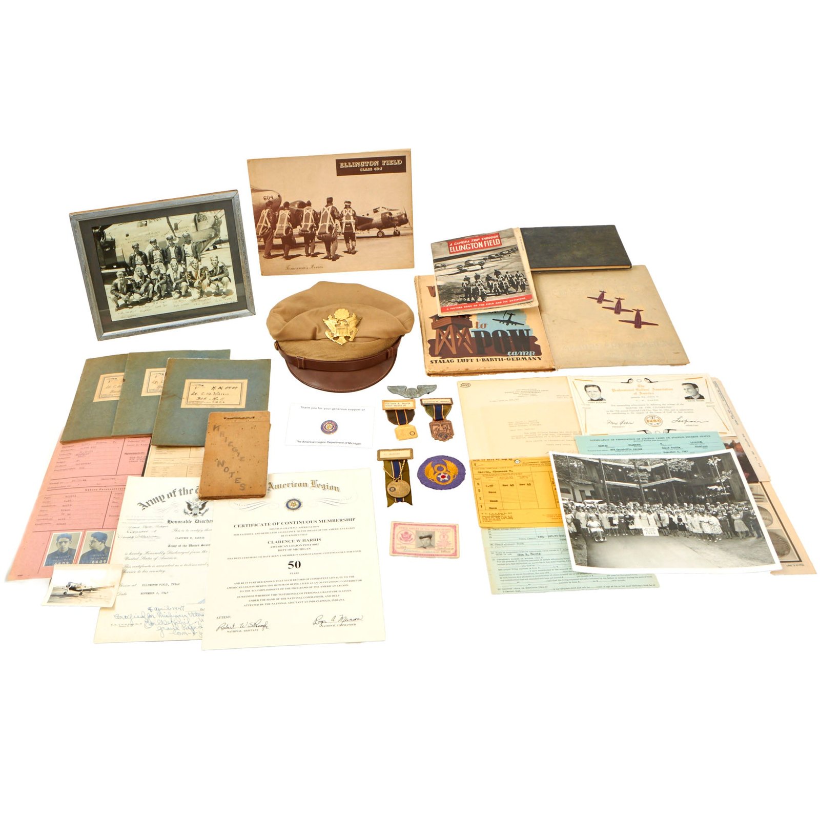 Buy Original U.S. WWII POW Stalag Luft I 445th Bomb Group, 703rd Bomb Squadron B-24 Pilot Archive - Prisoner ID Tag, Handmade Notebook, Personal Items, Named Visor, POW Camp Accounts, Red Cross Notebooks & More! - Lt. Clarence W. Harris | Original Firearms Antique For Sale