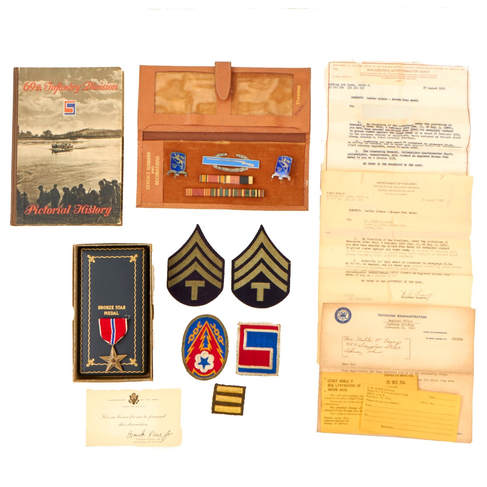 Buy Original U.S. WWII Name Engraved Bronze Star (With Citation) Grouping For PFC Noble Casey, 273rd Infantry Regiment, 69th Infantry Division With Rare Distinctive Unit Insignia | Original Firearms Antique For Sale