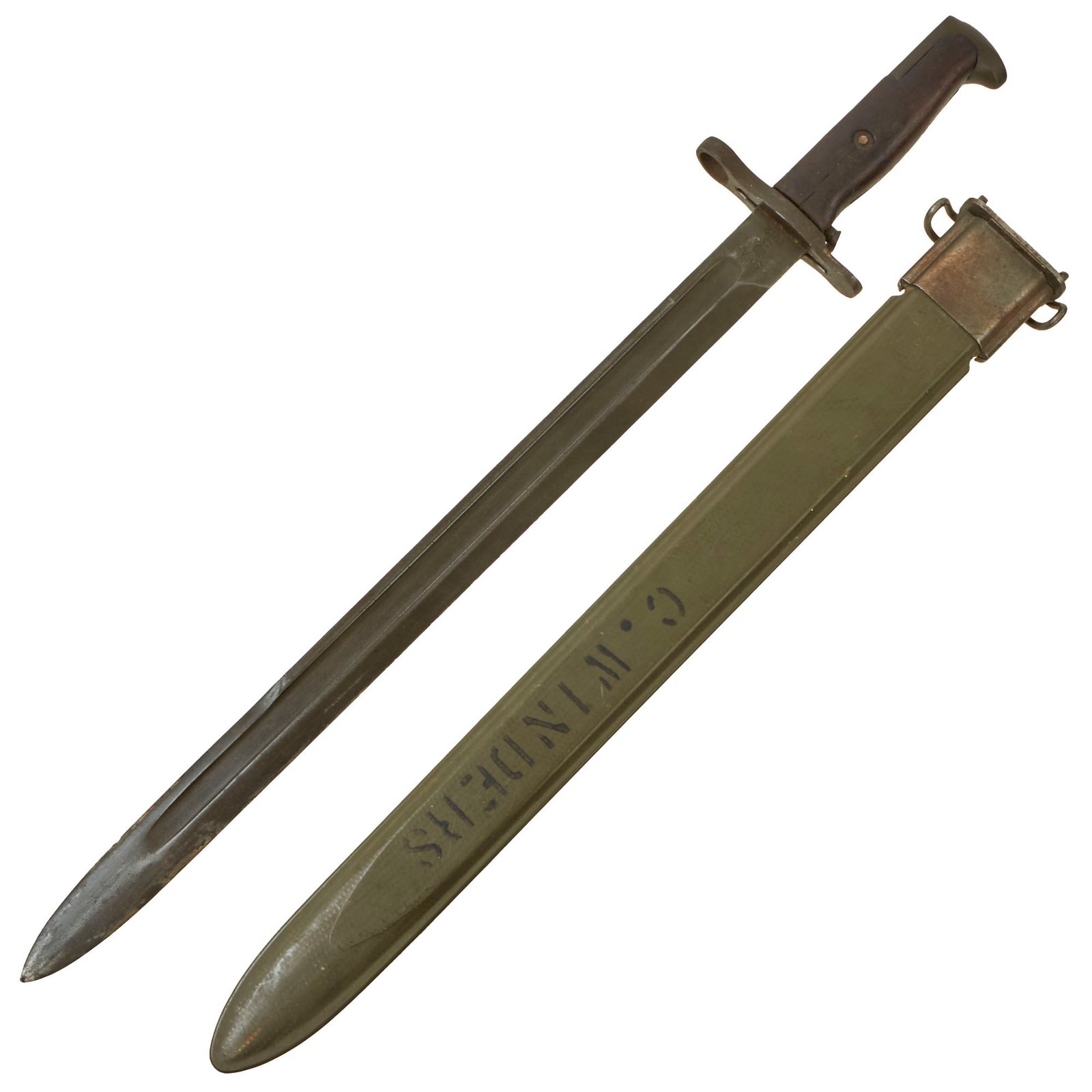 Buy Original U.S. Pre-WWI Reissue M1905 Springfield 16 inch Rifle Bayonet Marked S.A. with WWII M3 Scabbard - Dated 1912 | Original Firearms Antique For Sale