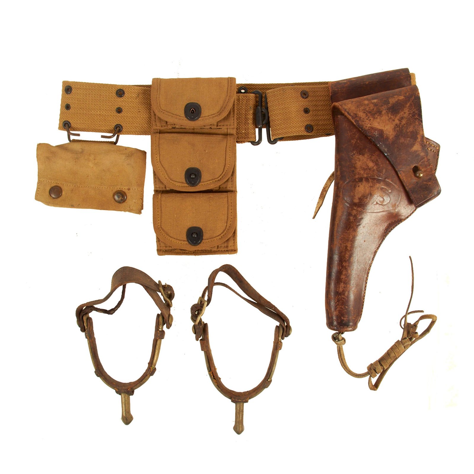 Buy Original U.S. WWI M1917 .45 1911 Revolver Holster Belt Rig With Half Moon Clip .45 Cal 3 Pocket Pouch and Cavalry Spurs Grouping Attributed to Ex Louisiana State Senator William Jennings “Bill” Cleveland | Original Firearms Antique For Sale