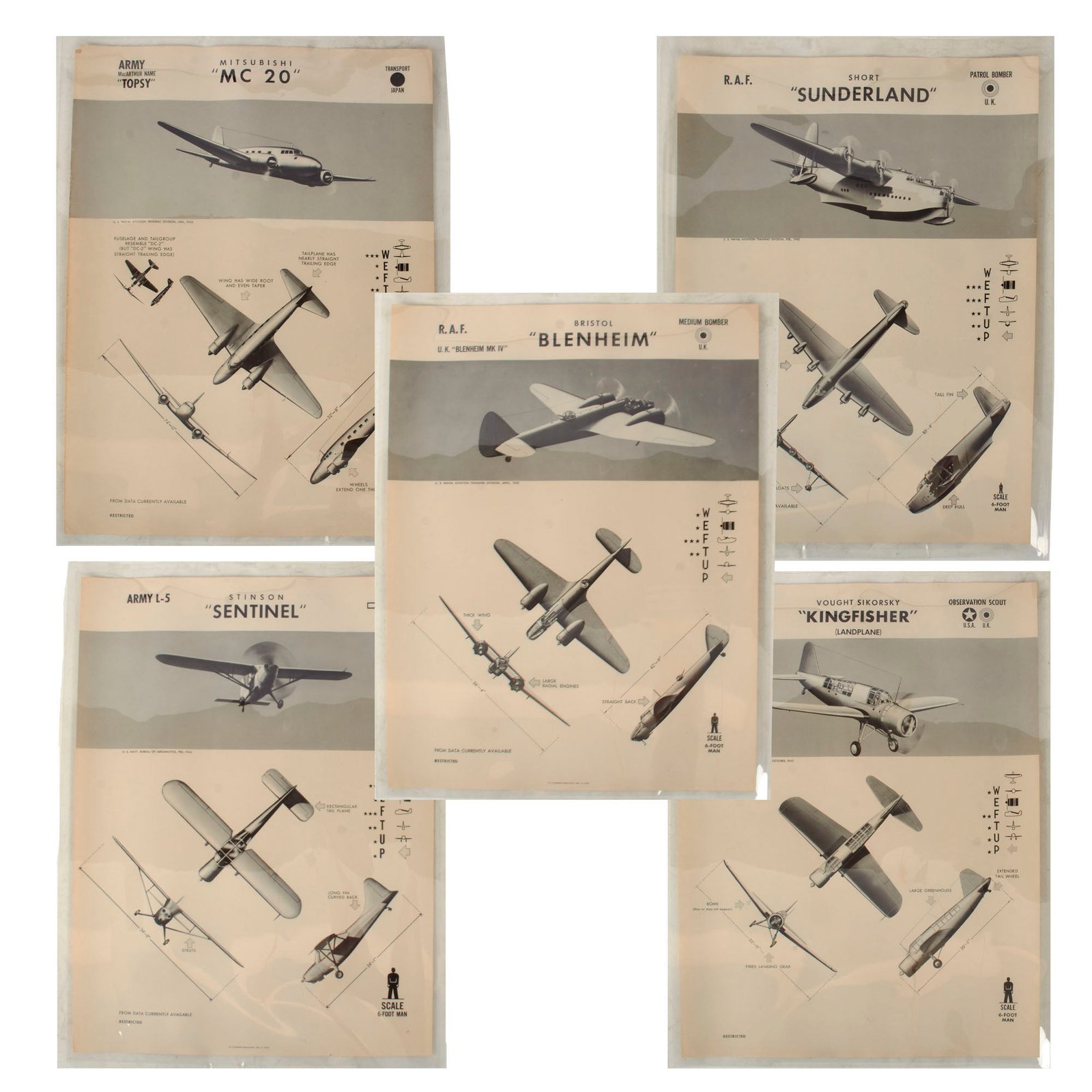 Original U.S. WWII Recognition Posters for British, American, and Japanese Aircraft - Lot of Five - 18½ x 24¾”