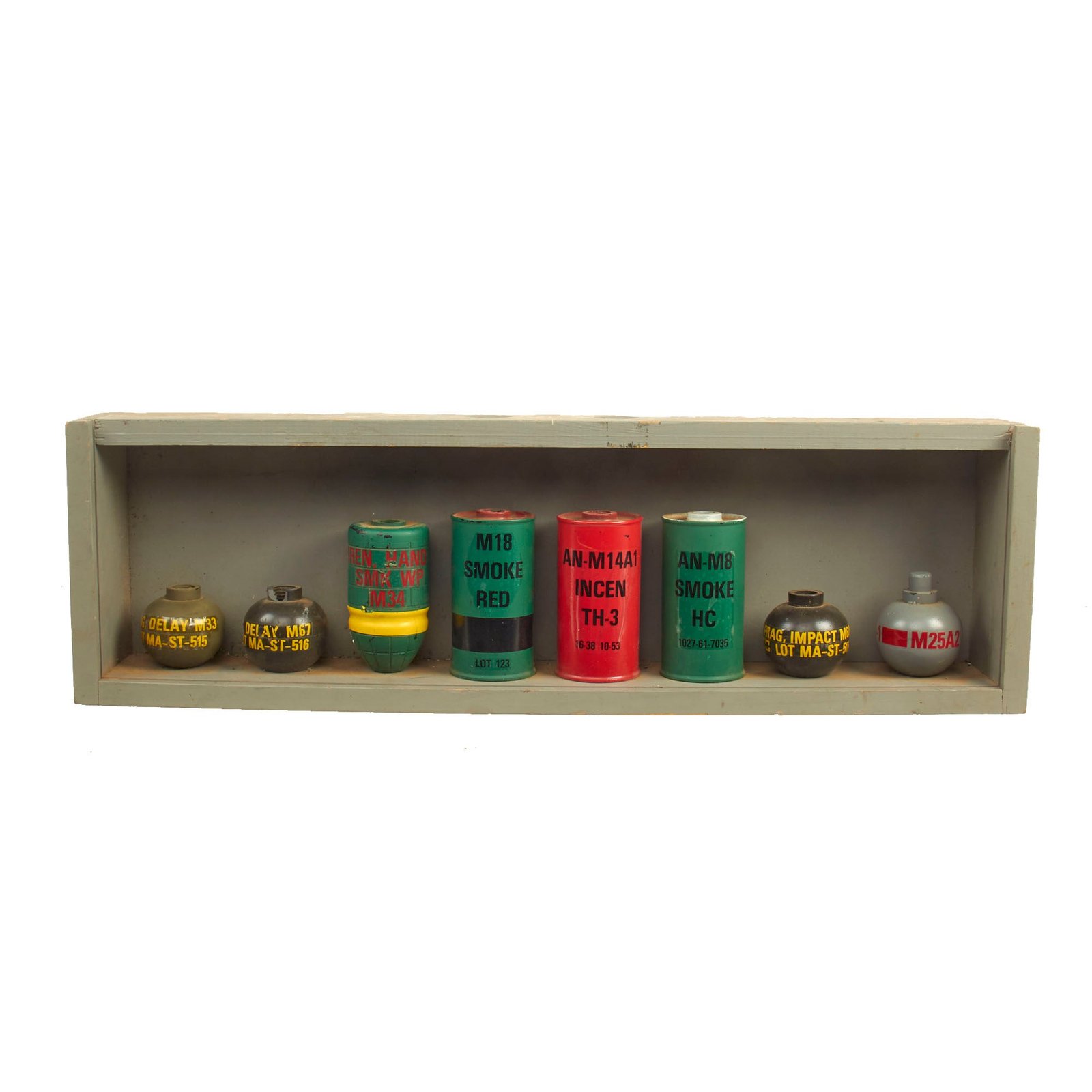 Buy Original U.S. Vietnam War Era EOD Resin Grenade Training Recognition Aid in Wood Case - 26 ½" x 8" x 3 ¾" | Original Firearms Antique For Sale