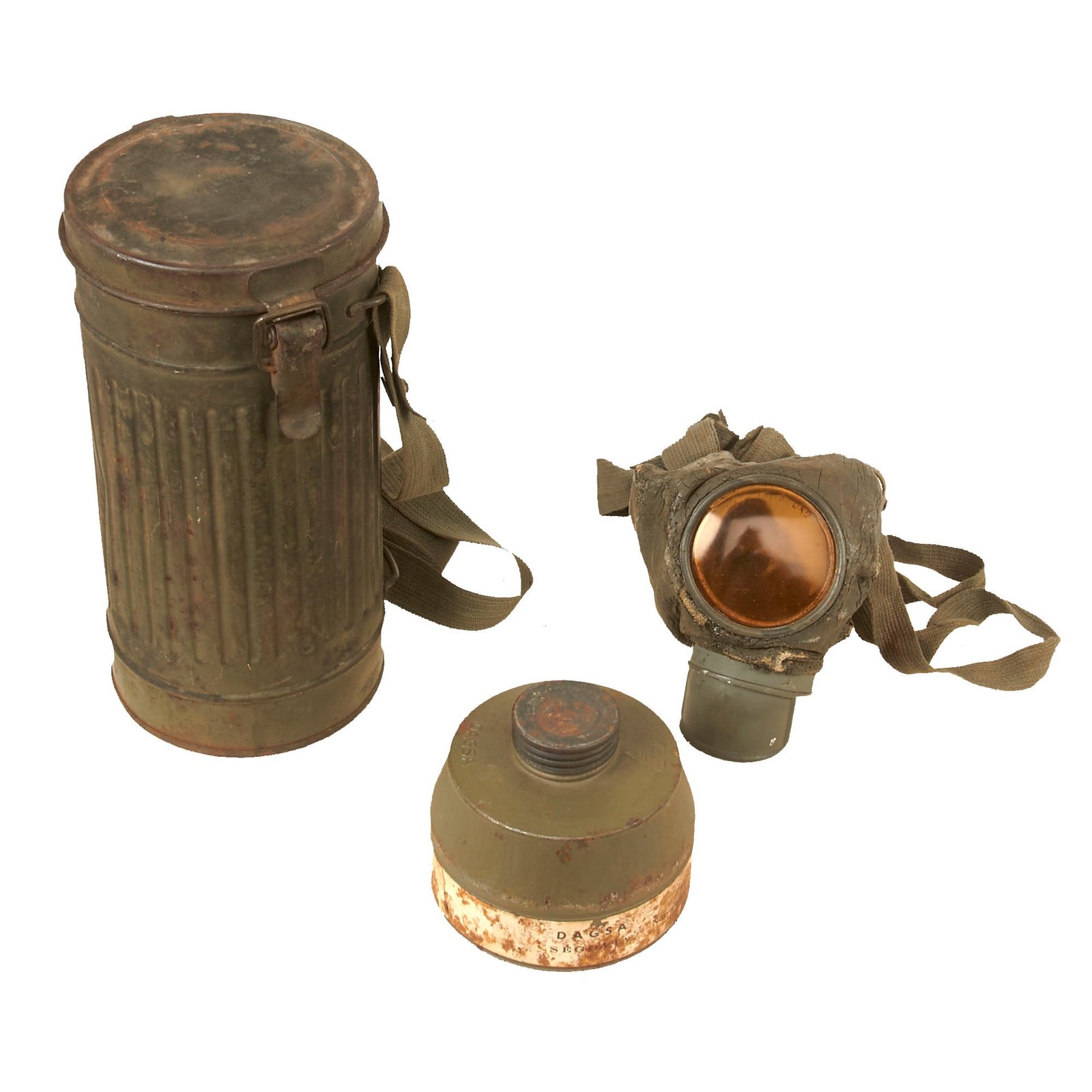 Buy Original German Spanish Civil War Condor Legion Blue Division Spanish DAGSA Mask in German Canister with Unissued Filter & Spare Lens - Heavily Worn | Original Firearms Antique For Sale