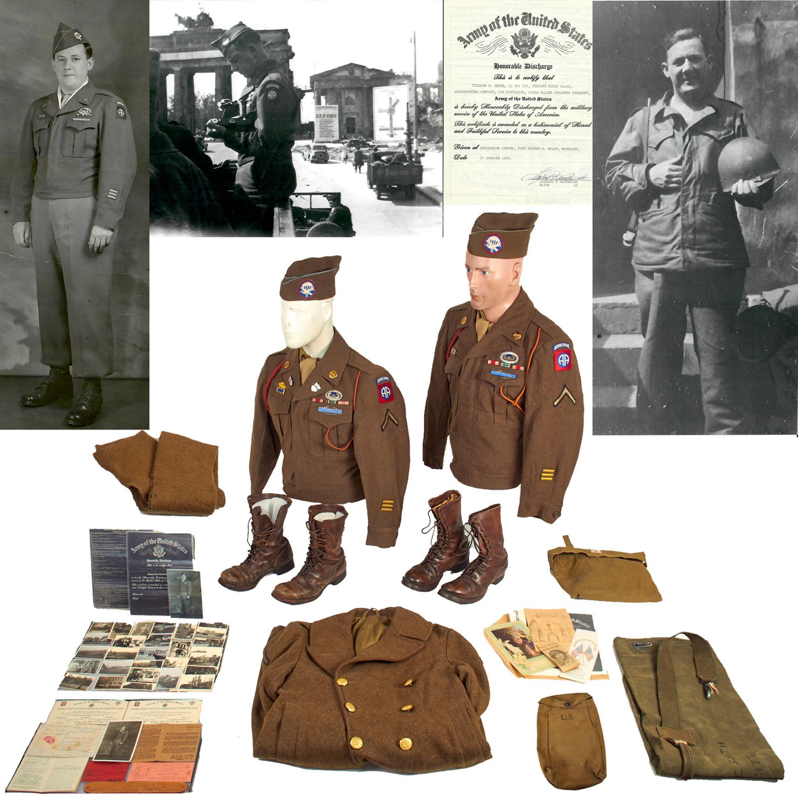 Buy Original U.S. WWII 193rd Glider Infantry Regiment Named Uniforms with Garrison Cap, Jump Boots, Photos, Documents and More - PFC William E. Smith - 17th & 82nd Airborne Division | Original Firearms Antique For Sale