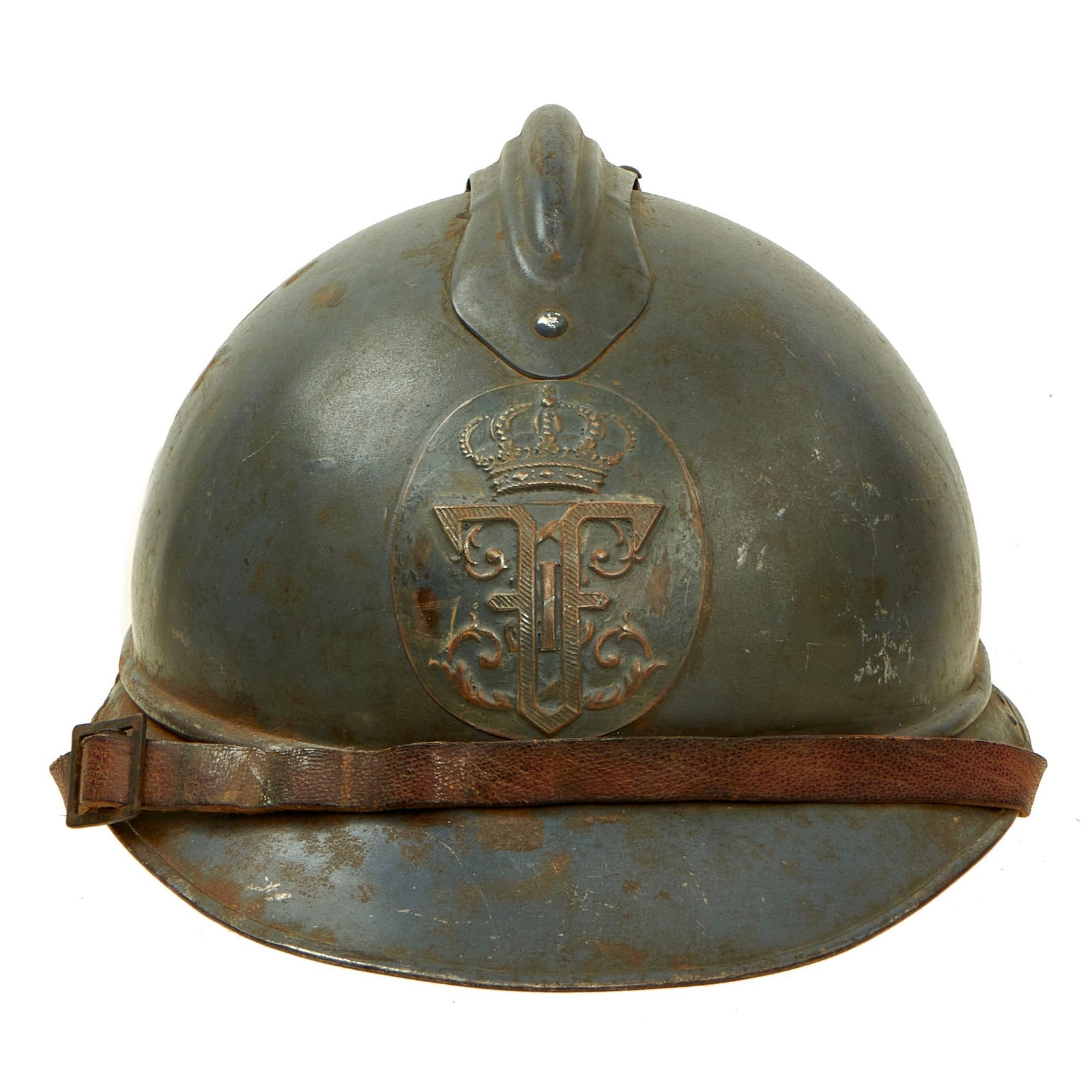 Buy Original RARE WWI Romanian Model 1915 Adrian Helmet with King Ferdinand Badge- Complete with Original Liner and Chinstrap | Original Firearms Antique For Sale