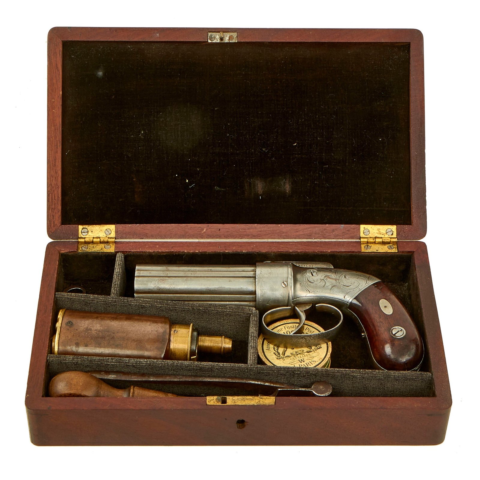 Buy Original U.S. Cased Allen & Thurber of Norwich 1837 Patent .31cal Percussion Pepperbox Revolver with Accessories - Matching Serial 181 | Original Firearms Antique For Sale