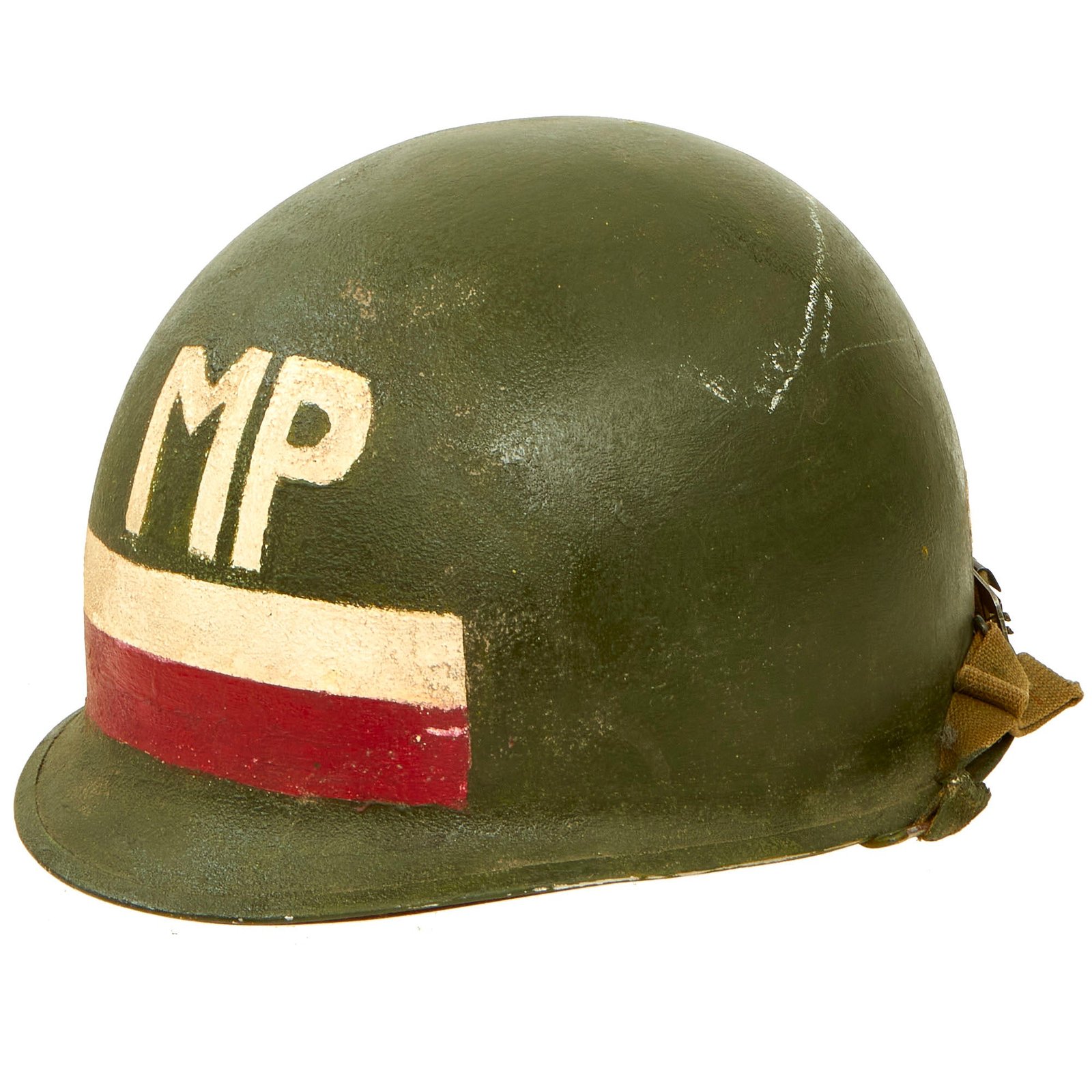 Buy Original U.S. Vietnam War Military Police Ingersoll M1 Helmet with Overpainted 75th Ranger Regiment Flash, Liner and Chin Strap | Original Firearms Antique For Sale