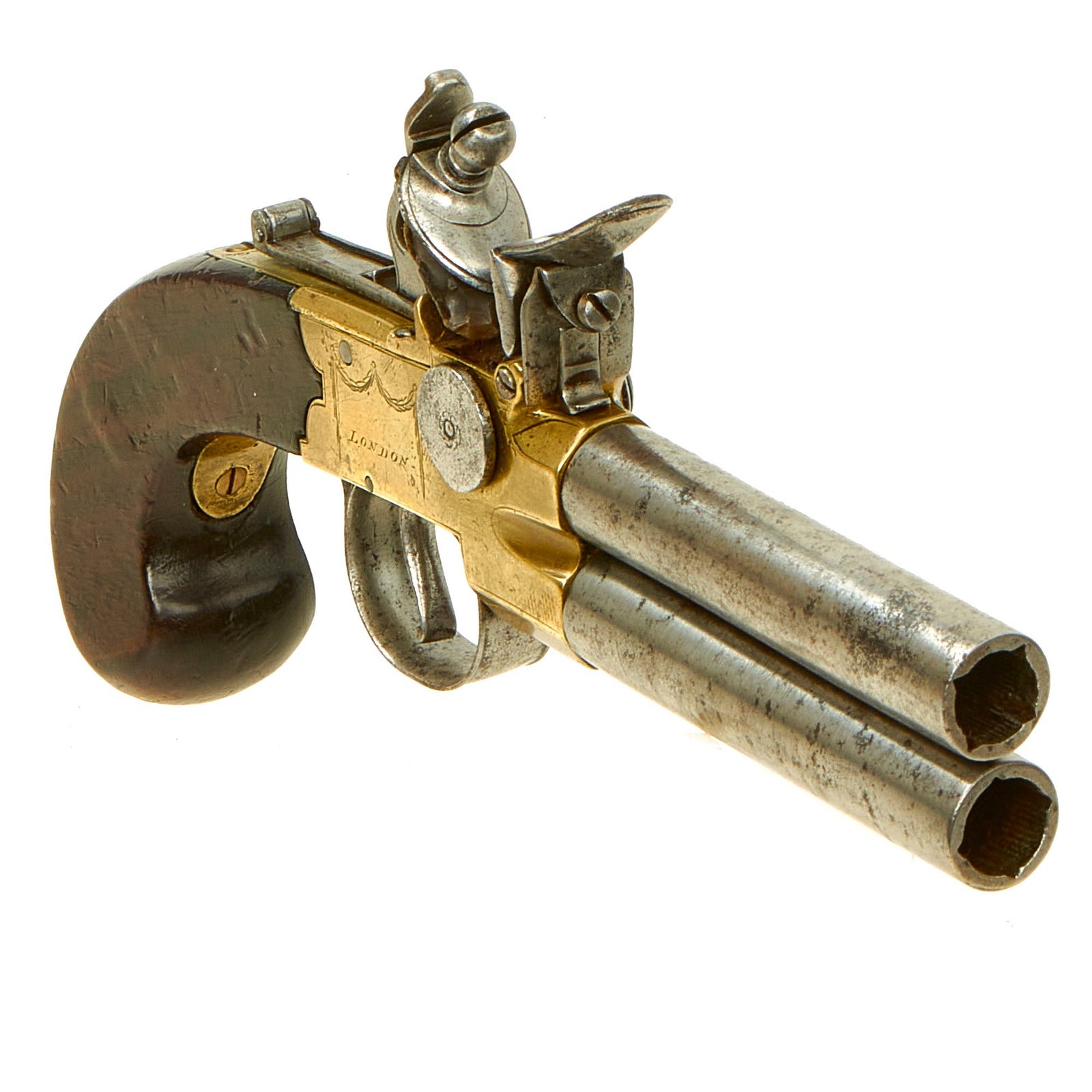Buy Original British Brass Framed Over & Under Flintlock Double Barrel Tap Action Pistol by Ketland & Co. - circa 1800 | Original Firearms Antique For Sale