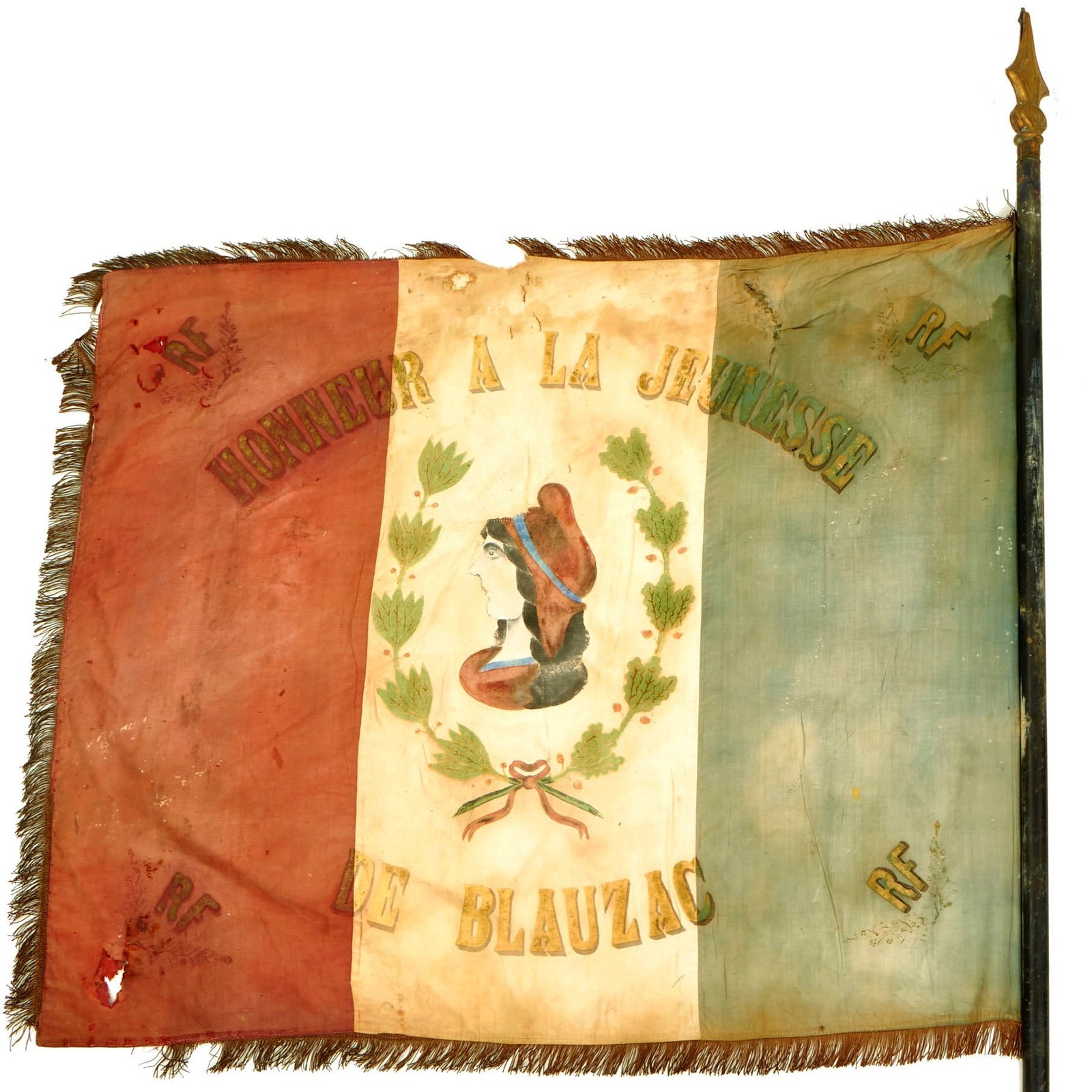 Buy Original French Pre-WWII Blauzac Youth Conscription Class of 1927 Flag With Pole and Topper - 48”x40” / 93” Flagpole | Original Firearms Antique For Sale