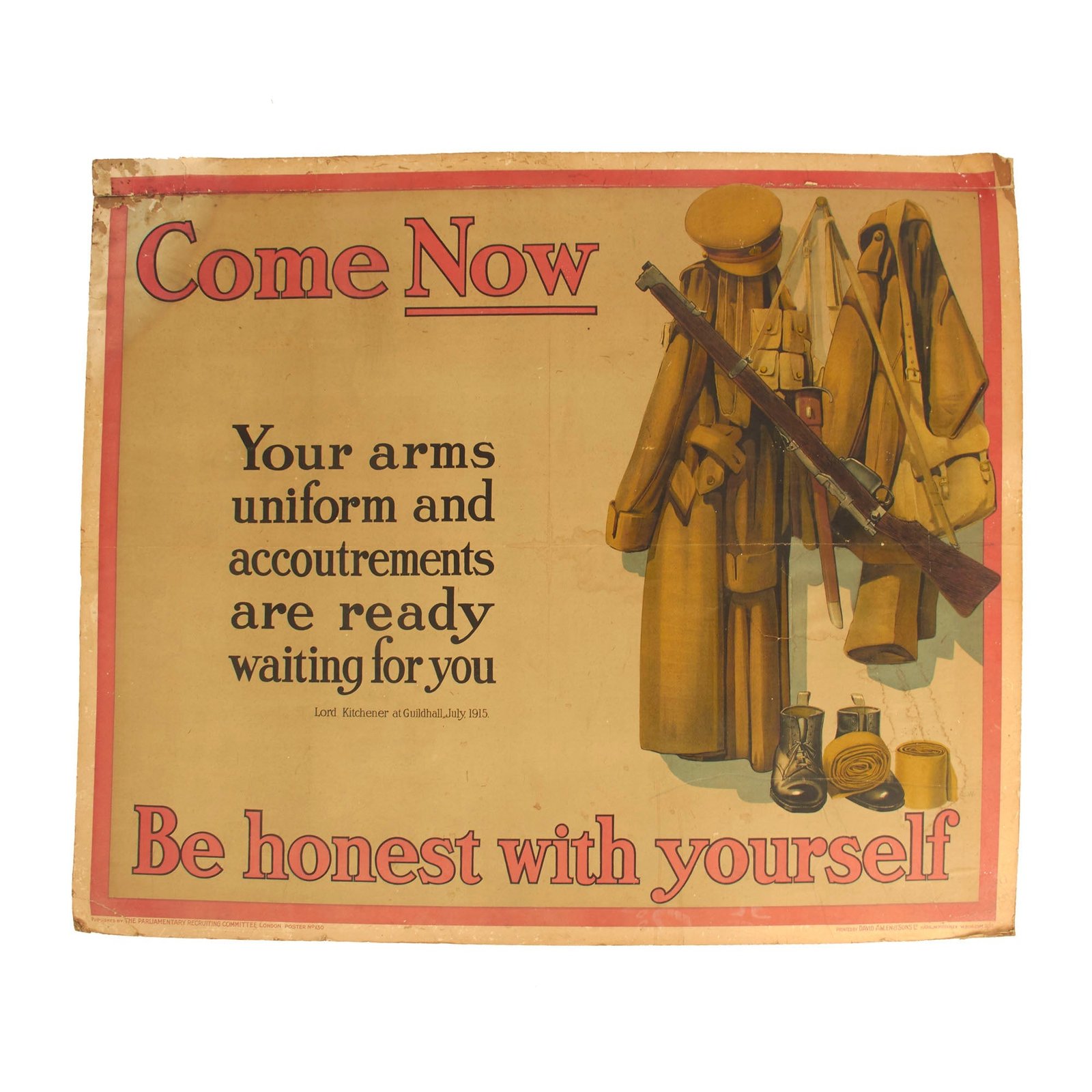 Buy Original British WWI Parliamentary Recruiting Committee Broadside “Come Now, Be Honest With Yourself” - 51” x 40” | Original Firearms Antique For Sale