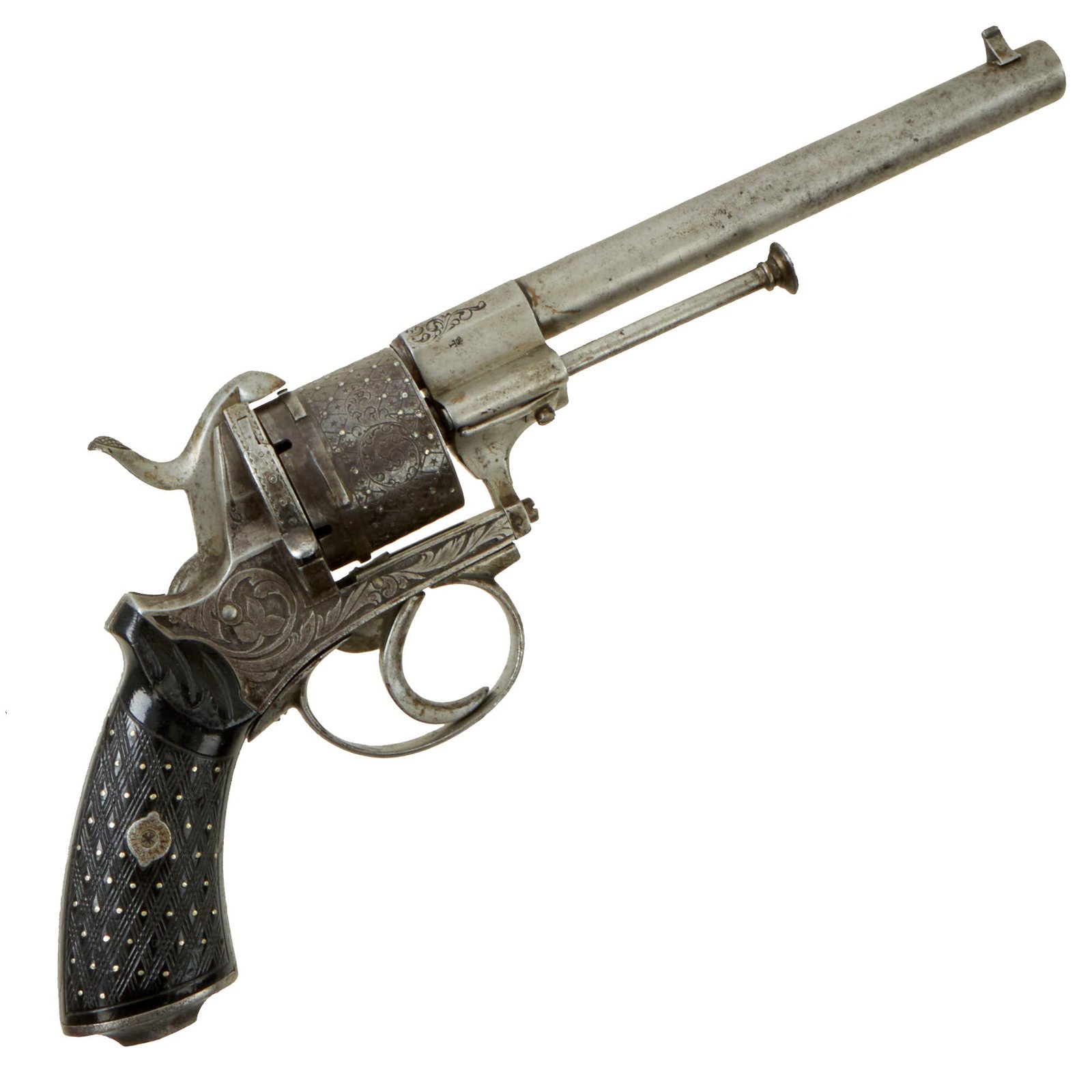 Buy Original U.S. Civil War Era Belgian 9mm Pinfire Double Action Revolver with Silver Studded Cylinder & Grips - c. 1860 | Original Firearms Antique For Sale