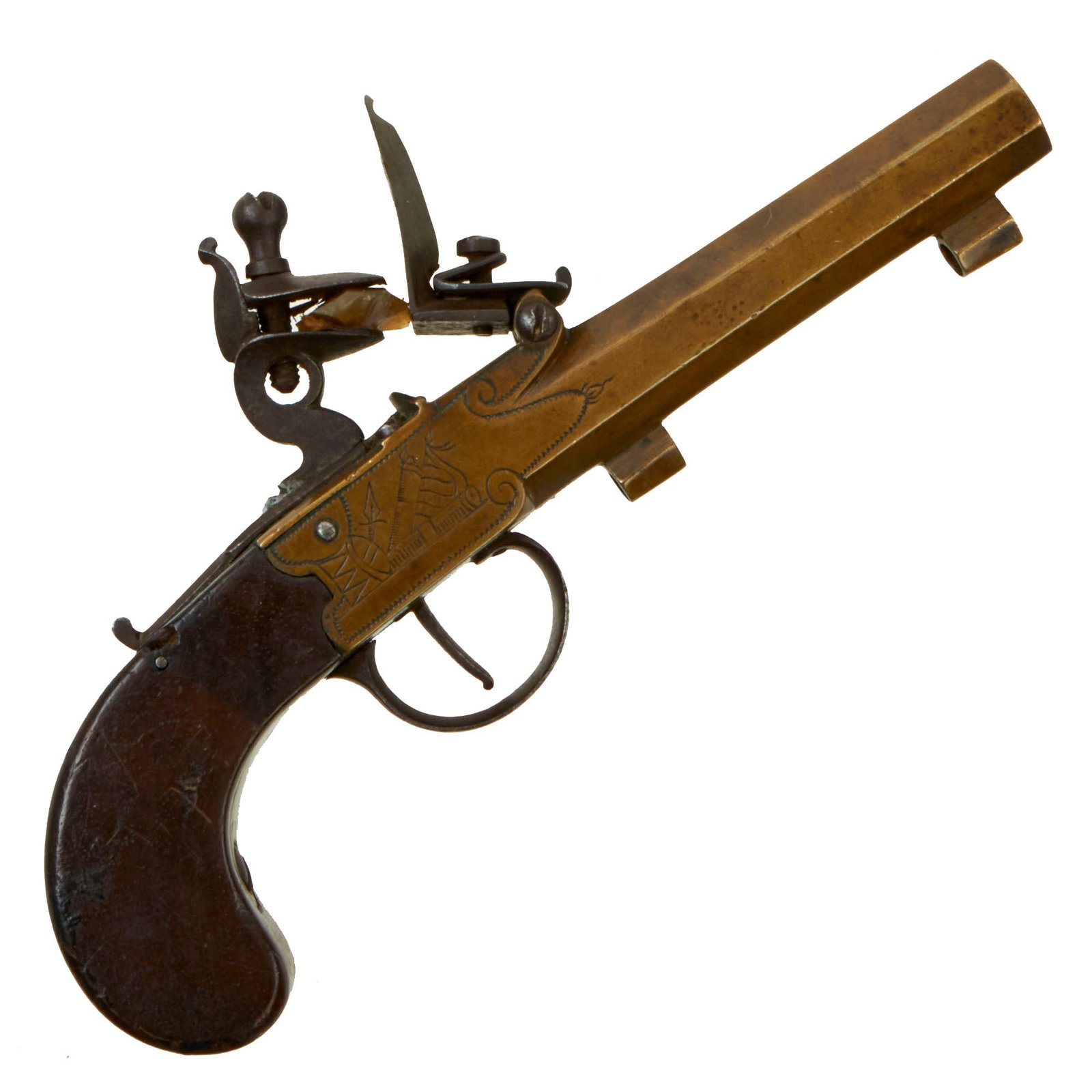Buy Original European Napoleonic Brass Frame Box-lock Pocket Flintlock Pistol with Octagonal Barrel - circa 1790 - 1815 | Original Firearms Antique For Sale