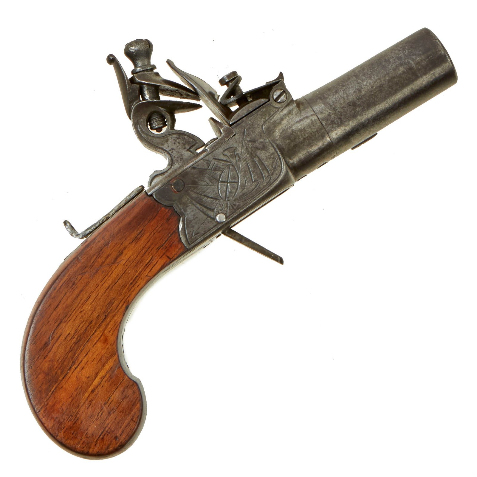 Buy Original British Flintlock Pocket Pistol with Turn-Off Barrel & Fold-out Trigger - circa 1815 | Original Firearms Antique For Sale