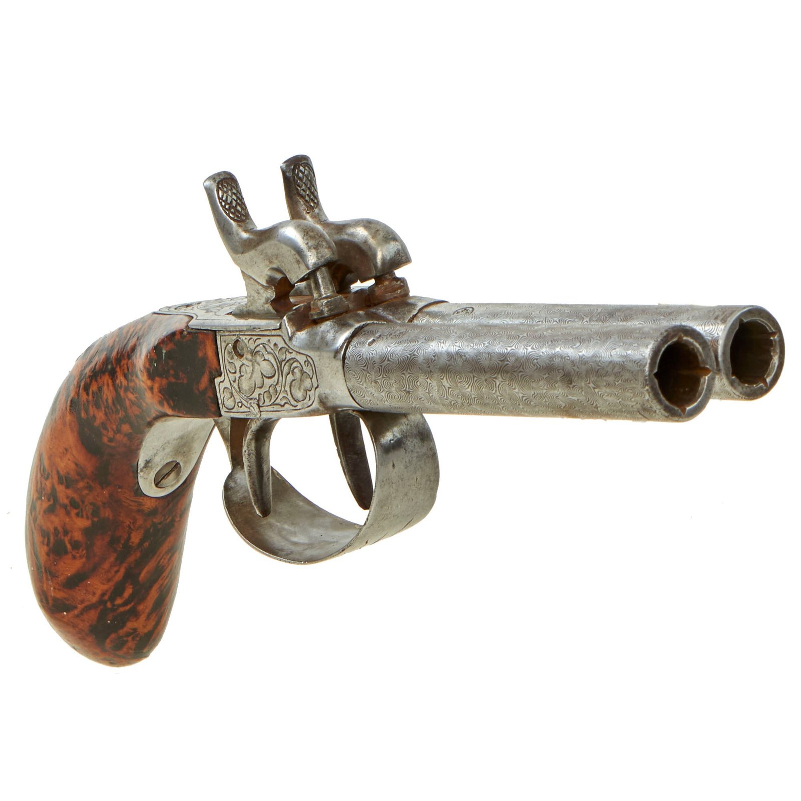 Buy Original Victorian Era Belgian Double Barreled Percussion Pistol with Faux Damascus Barrels - Circa 1845 | Original Firearms Antique For Sale