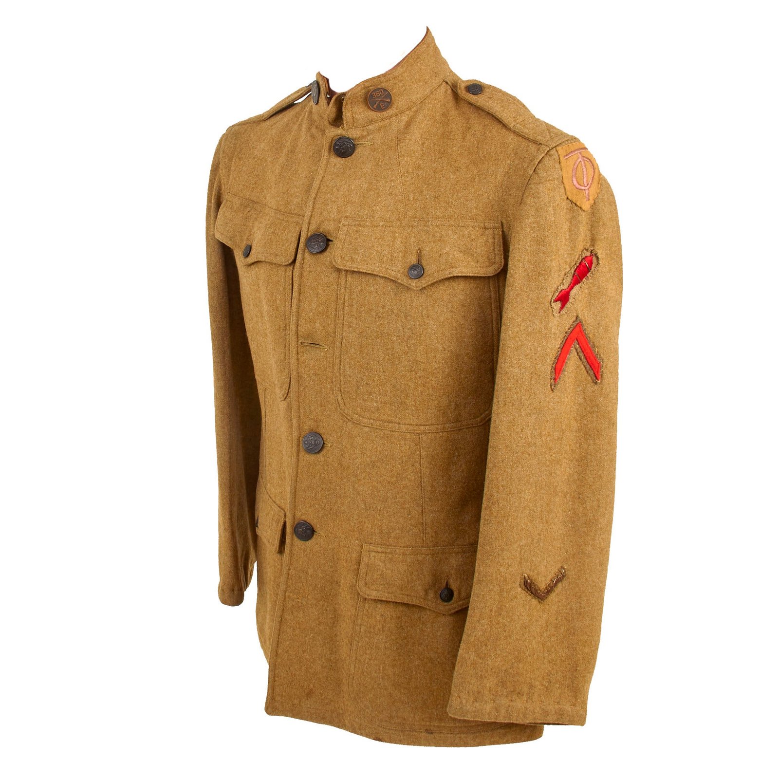 Buy Original U.S. WWI US Army 90th Infantry Division, 360th Infantry Regiment, Trench Mortar Battery Patched Uniform Jacket | Original Firearms Antique For Sale