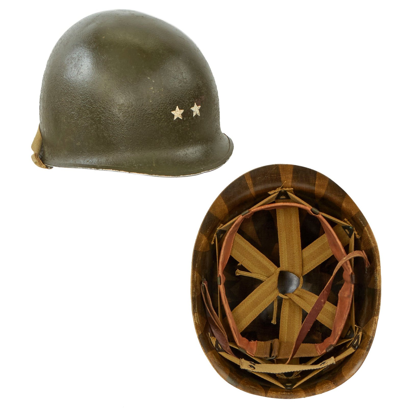 Buy Original U.S. WWII Major General Rank Painted 1943 M1 McCord Front Seam Fixed Bale Helmet With CAPAC Liner - Complete With Early Green Buckle Liner Chinstrap | Original Firearms Antique For Sale