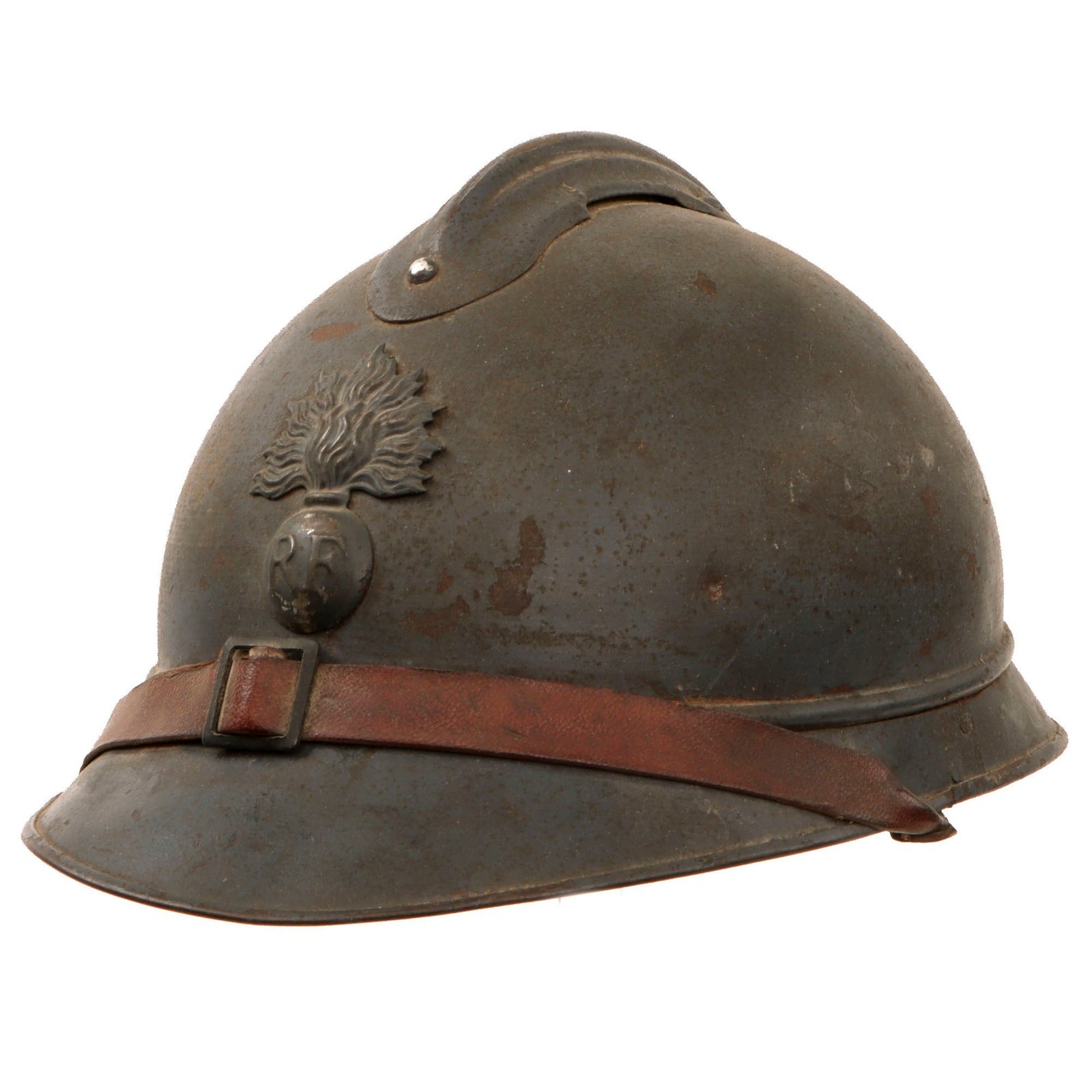 Original French WWI Issue Model 1915 Infantry Adrian Helmet in Horizon Blue with Chinstrap Stretched Over Brim - No Liner