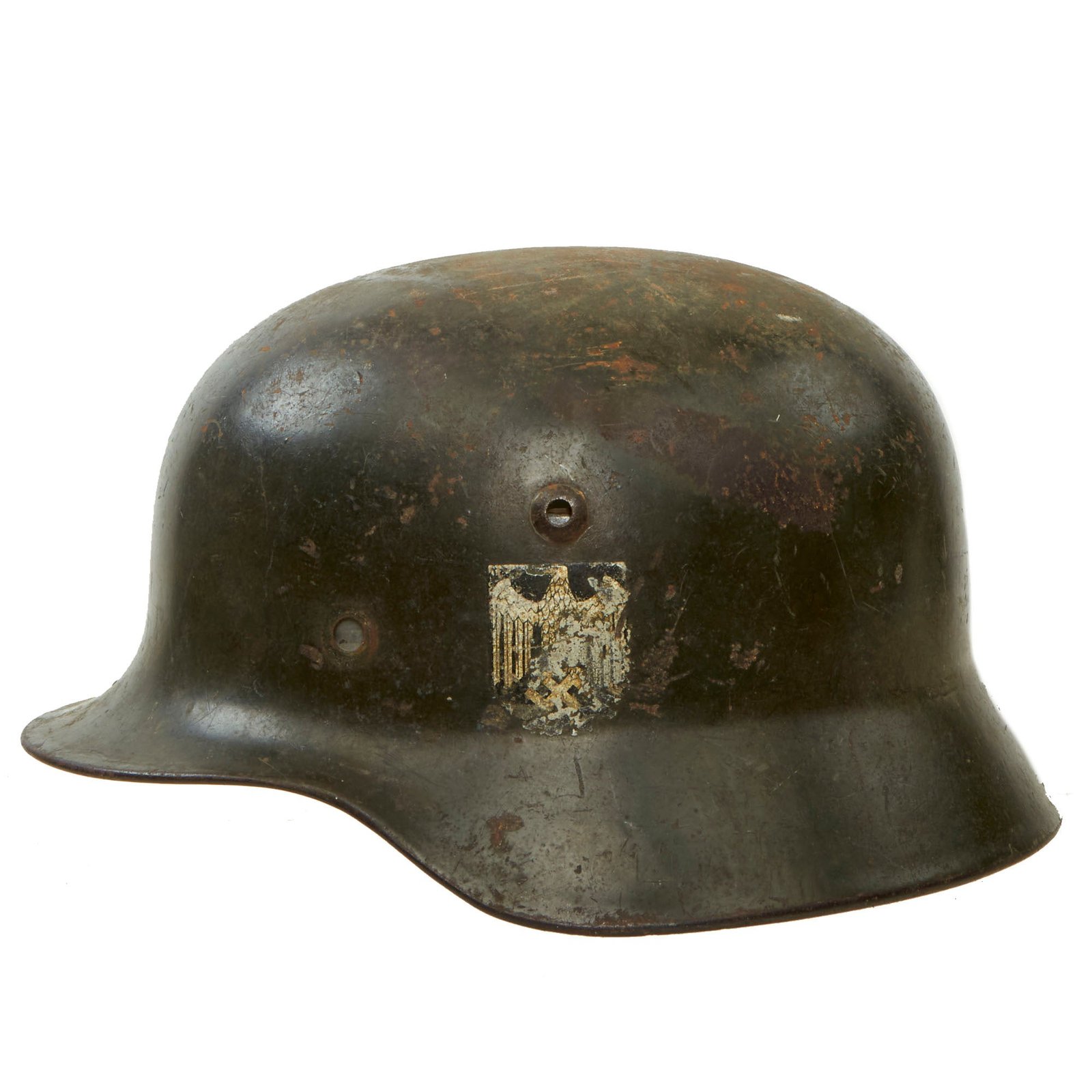 Buy Original German WWII Service Worn Army Heer M35 Double Decal Helmet Shell with 1942 Dated Liner Band - Q64 | Original Firearms Antique For Sale