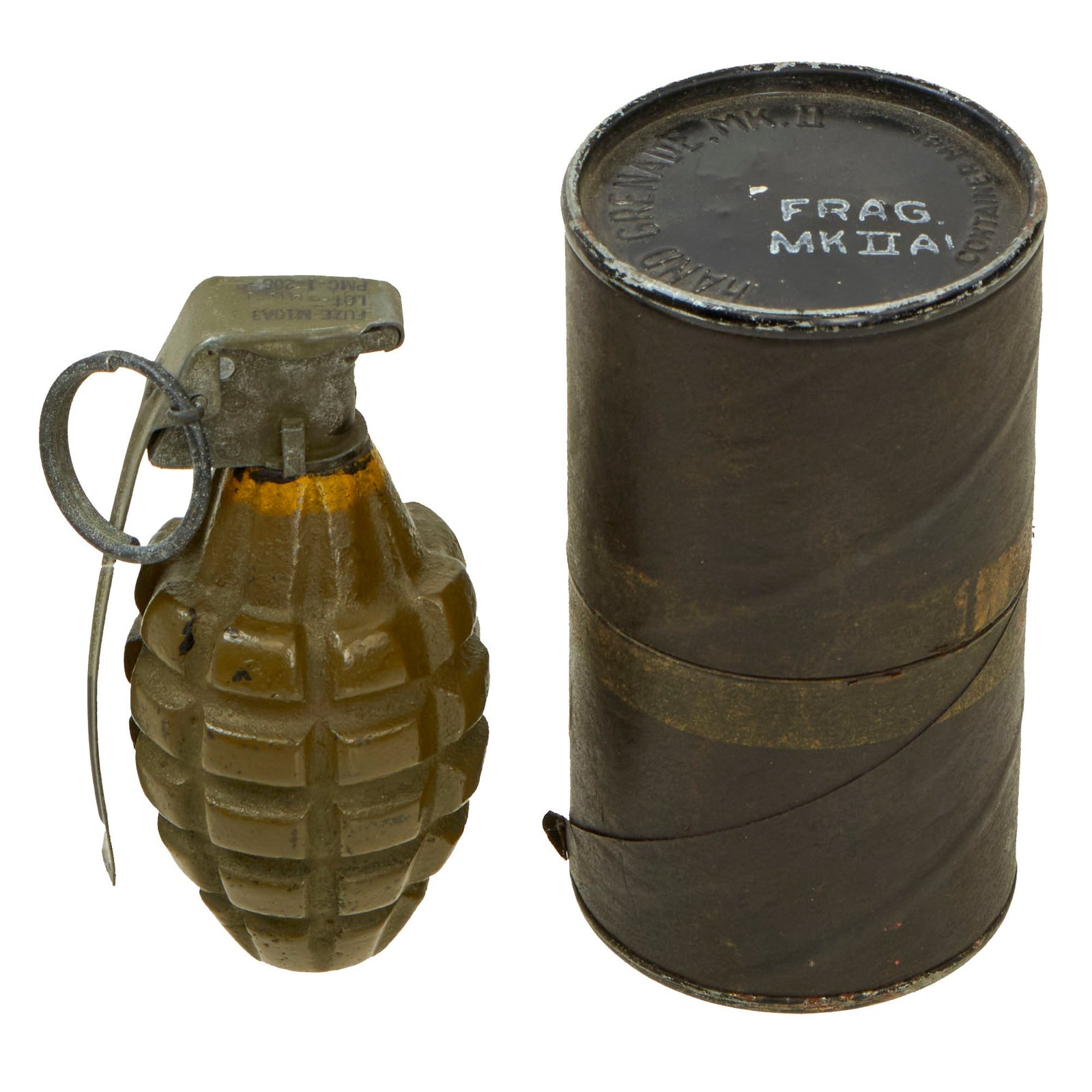 Buy Original U.S. WWII Inert Excellent MkII Pineapple Grenade with Yellow Ring, M10A3 Fuze and M41 Cardboard “Husk” Canister | Original Firearms Antique For Sale