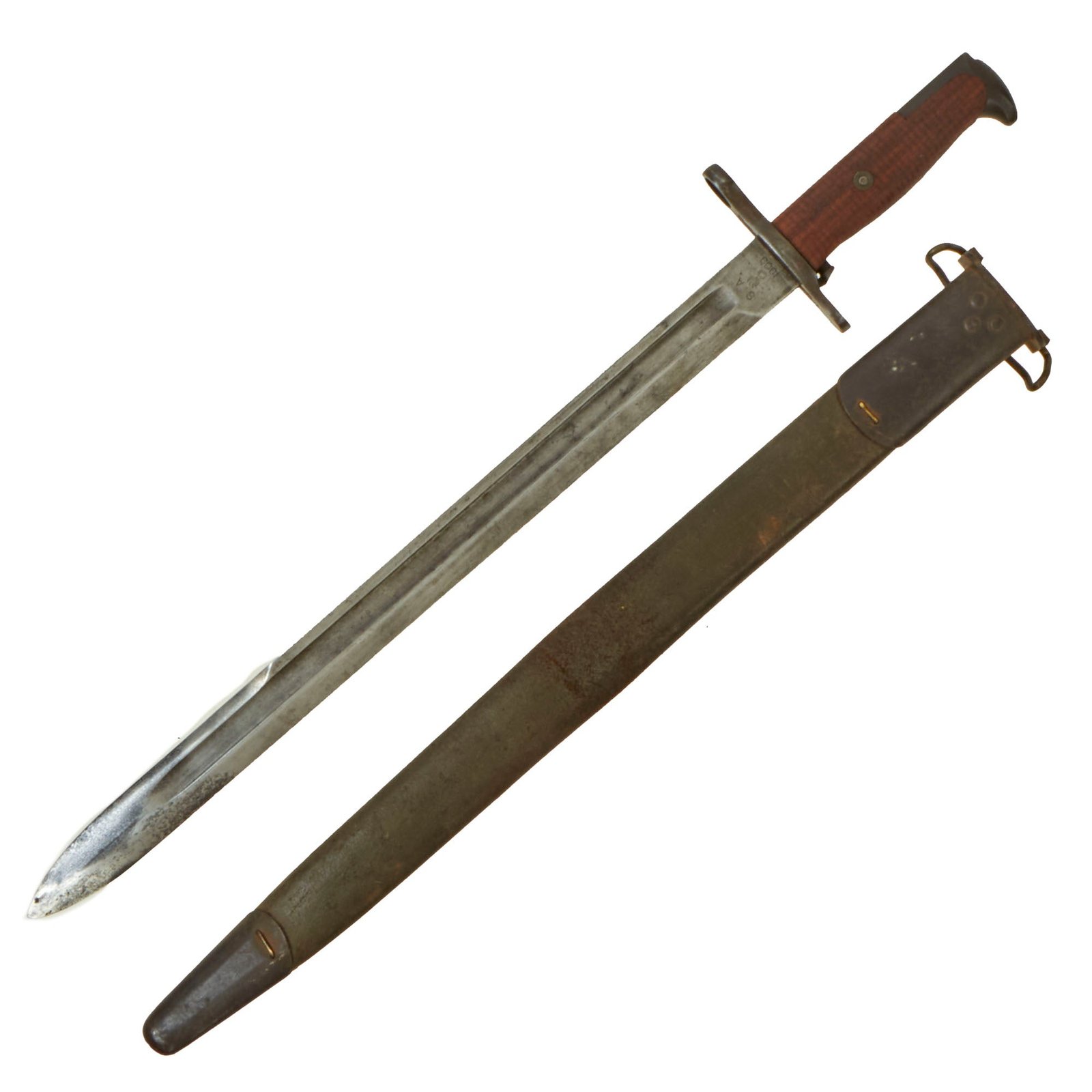 Buy Original U.S. WWI M1905 Springfield 16 inch Rifle Bayonet marked S.A. with M1917 Leather Scabbard - dated 1909 | Original Firearms Antique For Sale