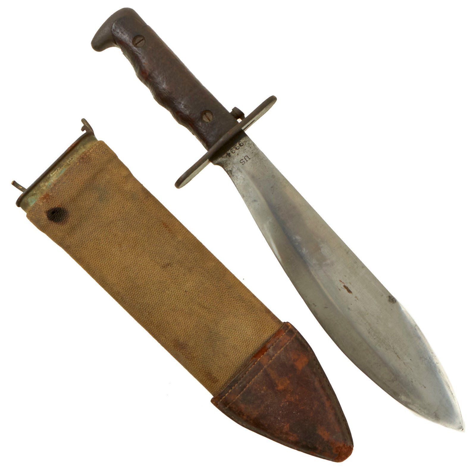 Buy Original U.S. Pre-WWI 13th Machine Gun Company, 6th Battalion Marked Model 1910 Bolo Knife by Springfield Armory with Canvas Scabbard - dated 1912 | Original Firearms Antique For Sale