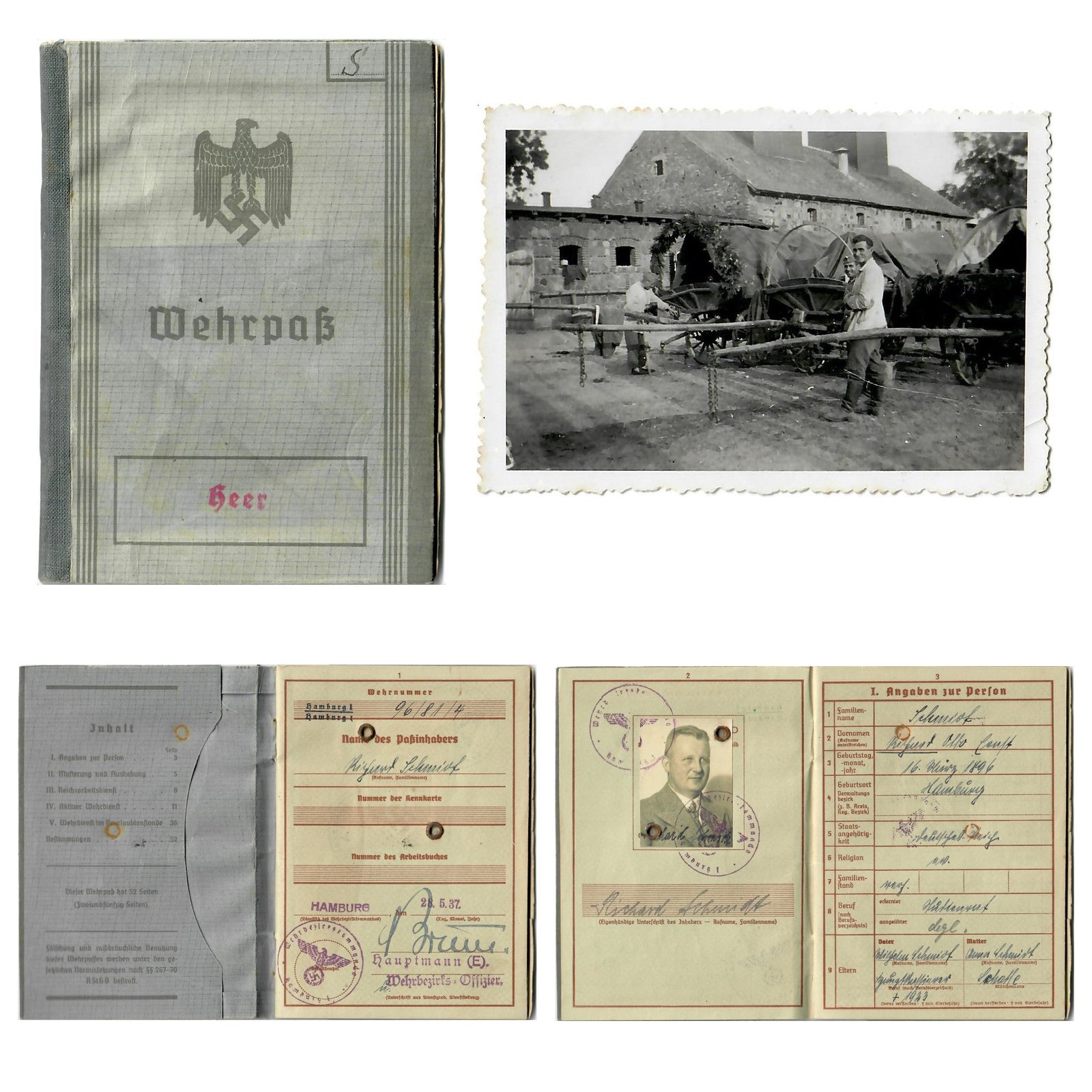 Buy Original German WWII Heer Wehrpaß Military ID of WWI Veteran Vizewachtmeister Richard Schmidt with Translation & Photo | Original Firearms Antique For Sale