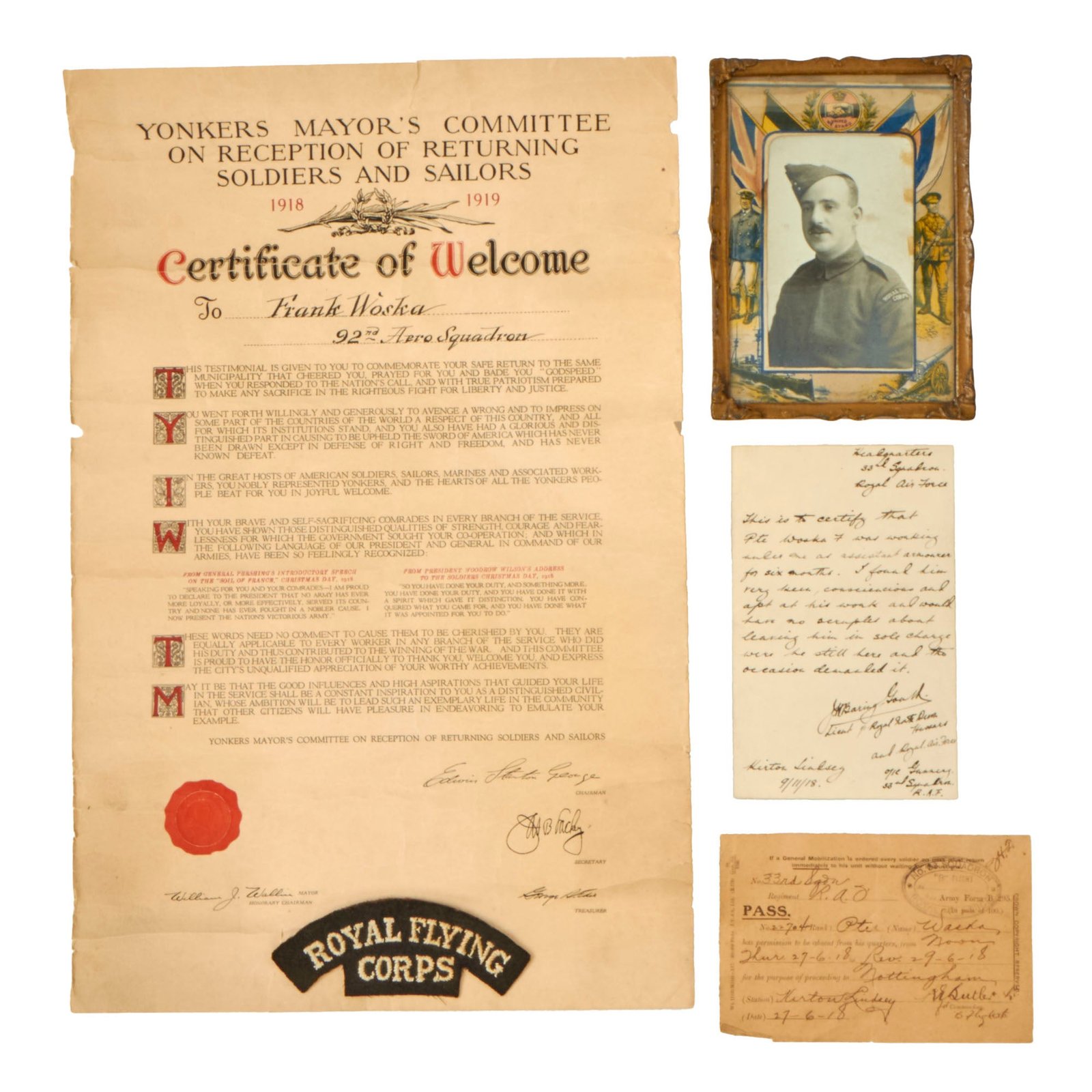 Buy Original U.S. WWI Named 92nd Aero Squadron (Air Service) Document Grouping With British Royal Flying Corps Uniform Patch Rocker From The 33rd Squadron - Private James Woska, Worked With RFC | Original Firearms Antique For Sale
