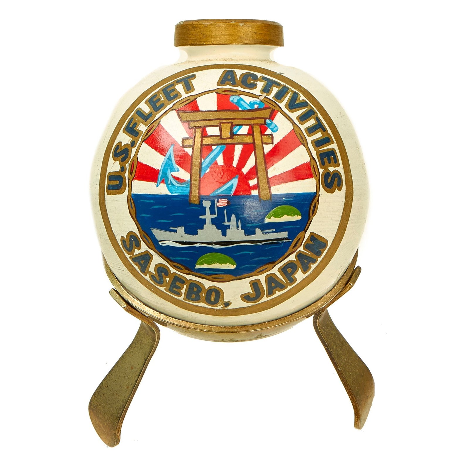 Buy Original U.S. Post WWII Era “U.S. Fleet Activities Sasebo, Japan” Hand Painted WWII Japanese Type 4 Ceramic Grenade | Original Firearms Antique For Sale