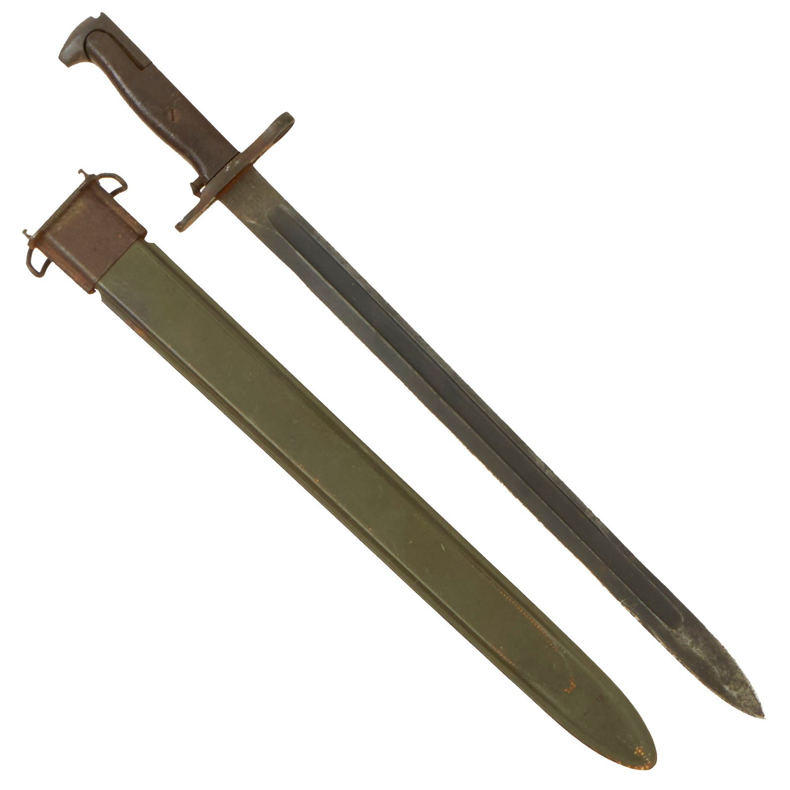 Buy Original U.S. WWI & WWII M1905 Springfield 16" Rifle Bayonet marked R.I.A. with Rare CAB Grips and M3 Scabbard - dated 1918 | Original Firearms Antique For Sale